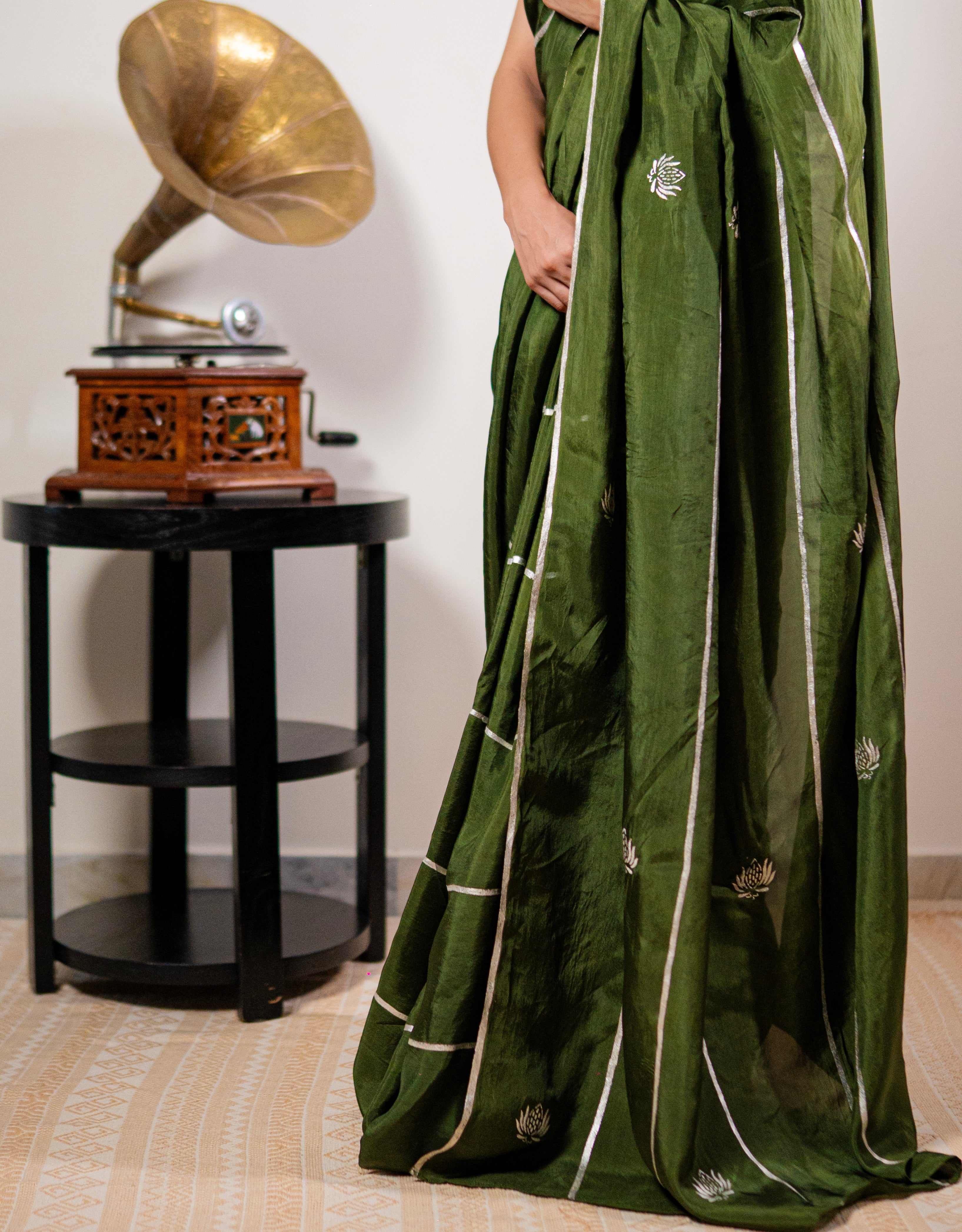 Sage Stripe Real Silver Silk Saree
