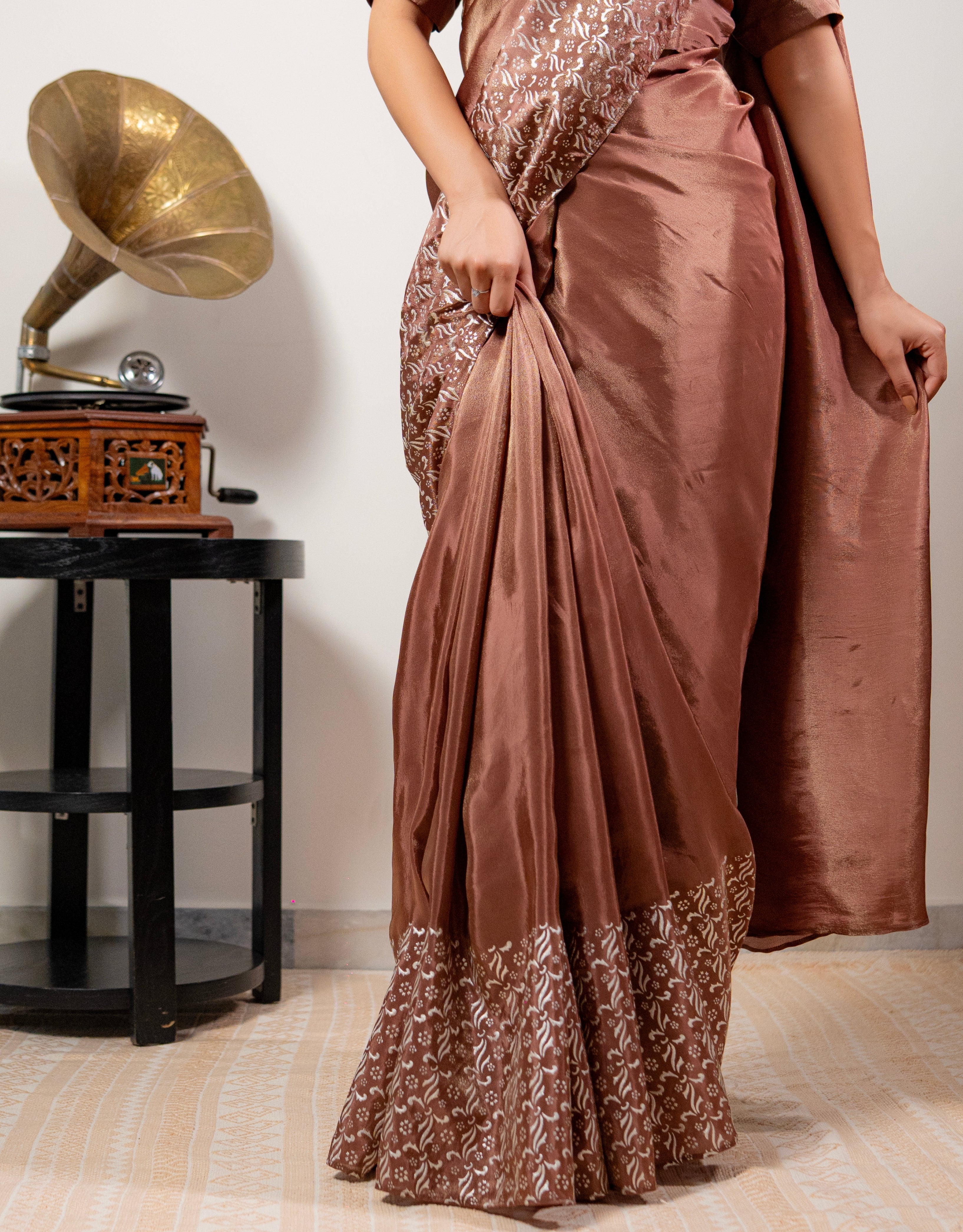 Cinnamon Real Silver Saree in Tissue Silk