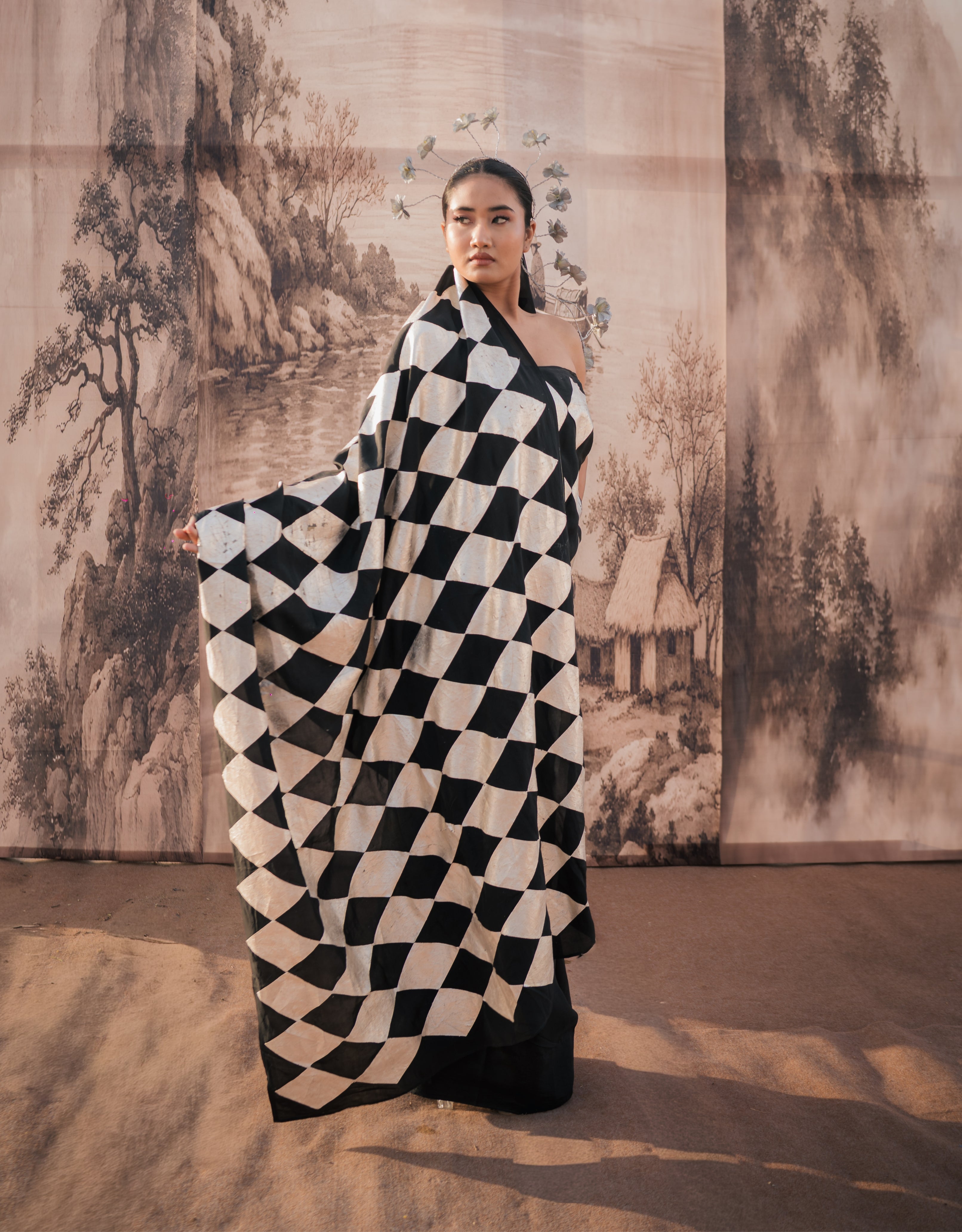 Burfi Tukda Silver Printed Habutai Silk Saree
