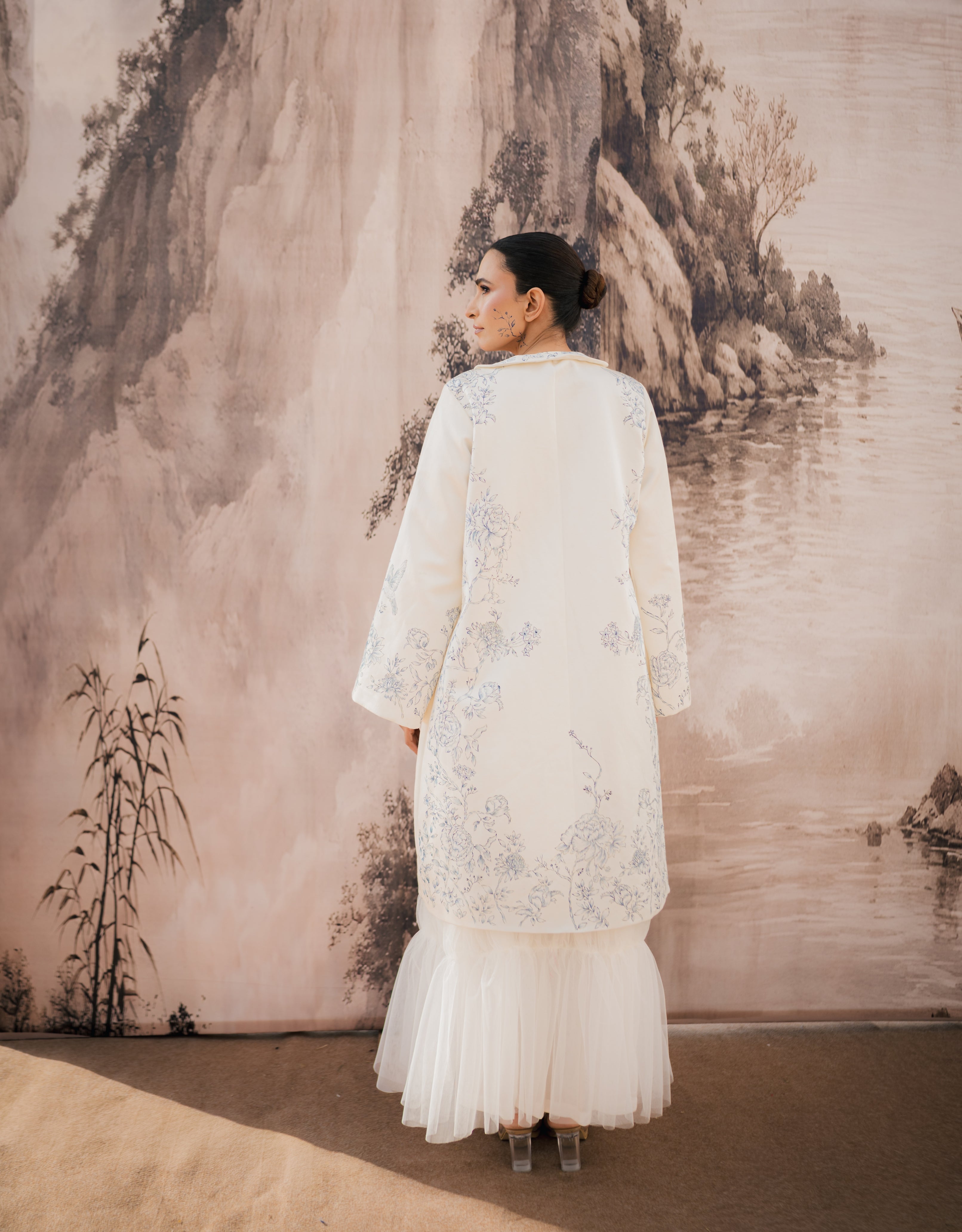 Cloud handpainted Linen Satin Coat