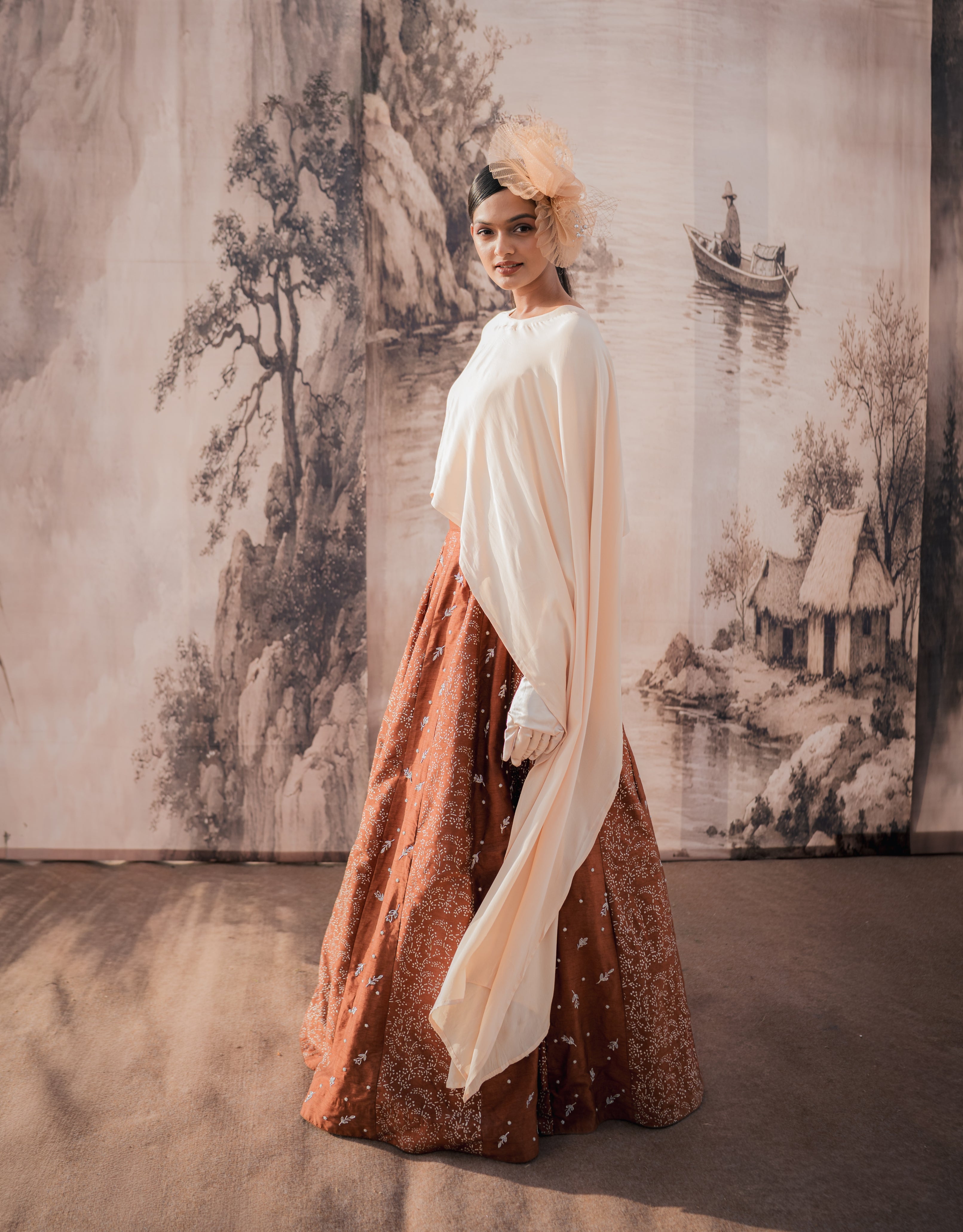 Chocolate Beige Silver Printed & Embroidered Skirt & Cape