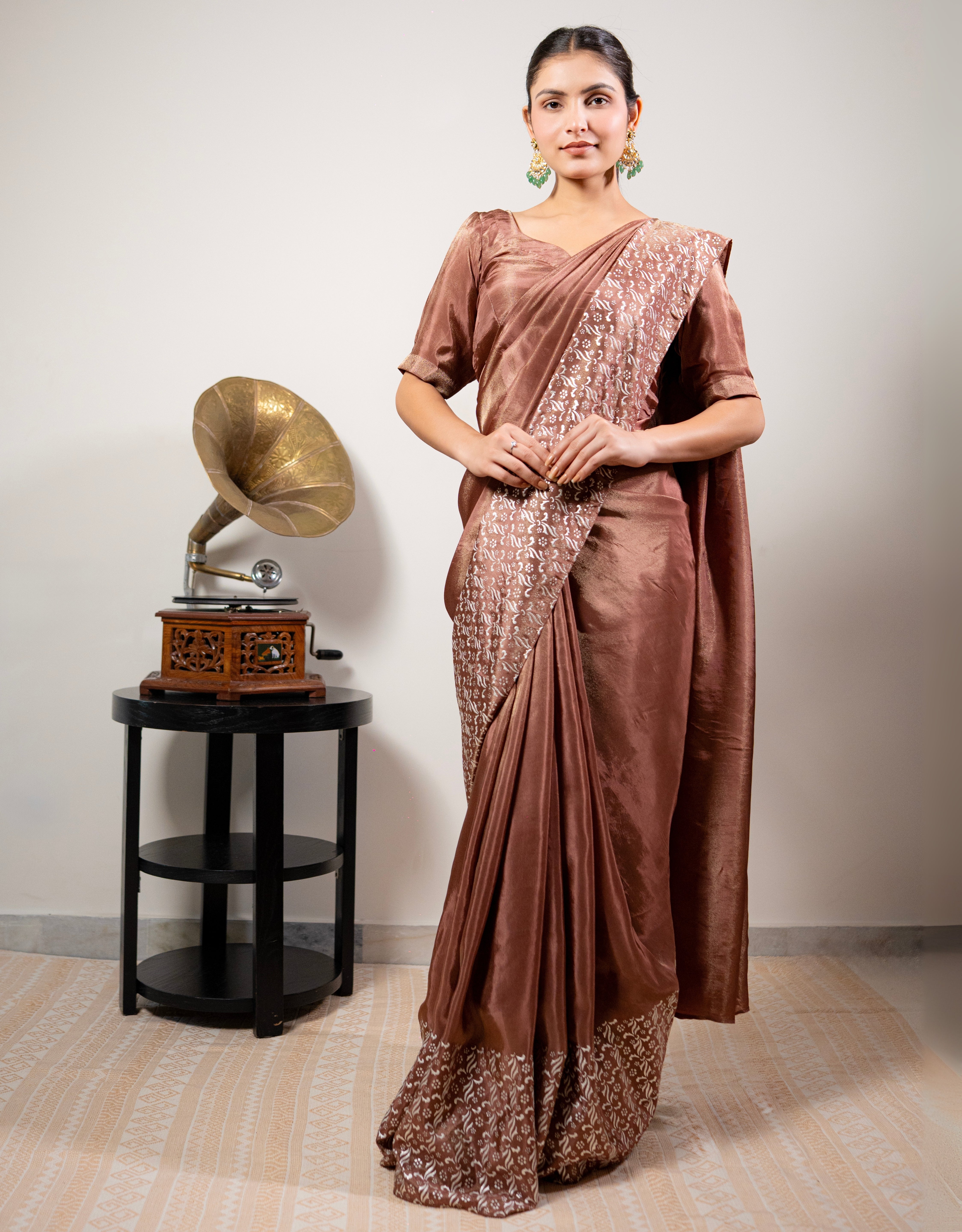 Cinnamon Real Silver Saree in Tissue Silk