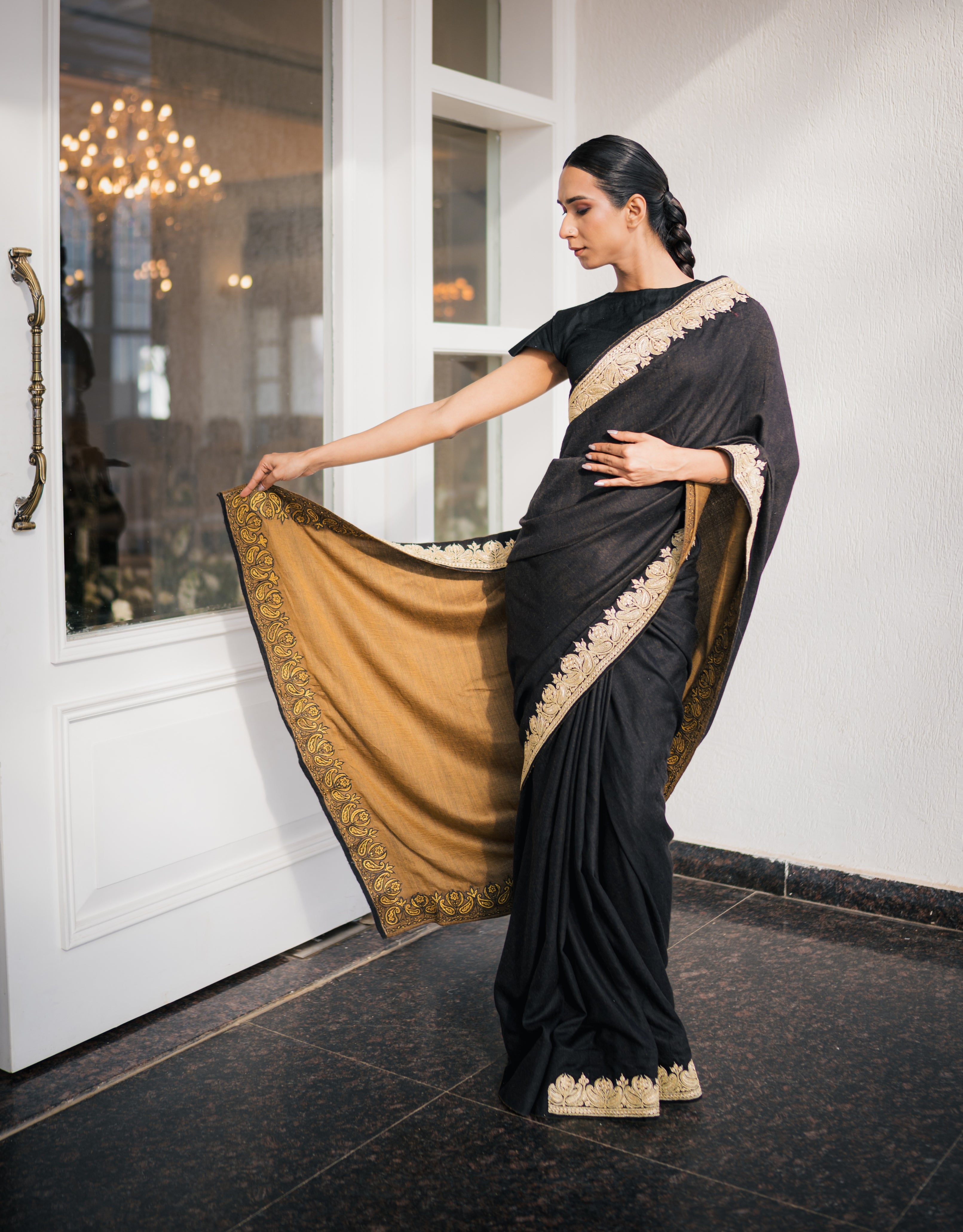 Ochre Black Reversible Embroidered Handpainted Pashmina Saree