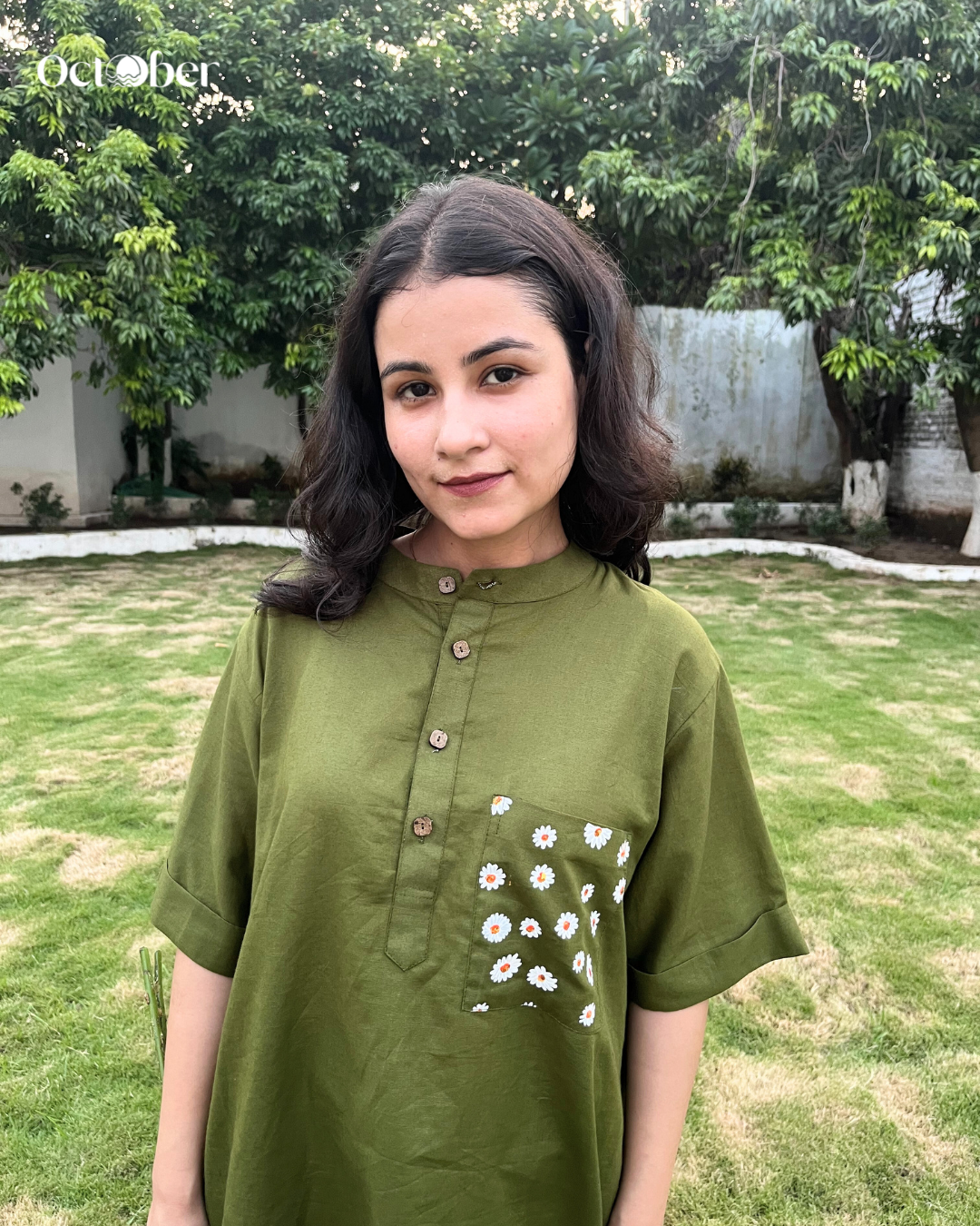 Green Pure Cotton Shirt - Pocket full of Flowers (Flowers, Fragrances and More)
