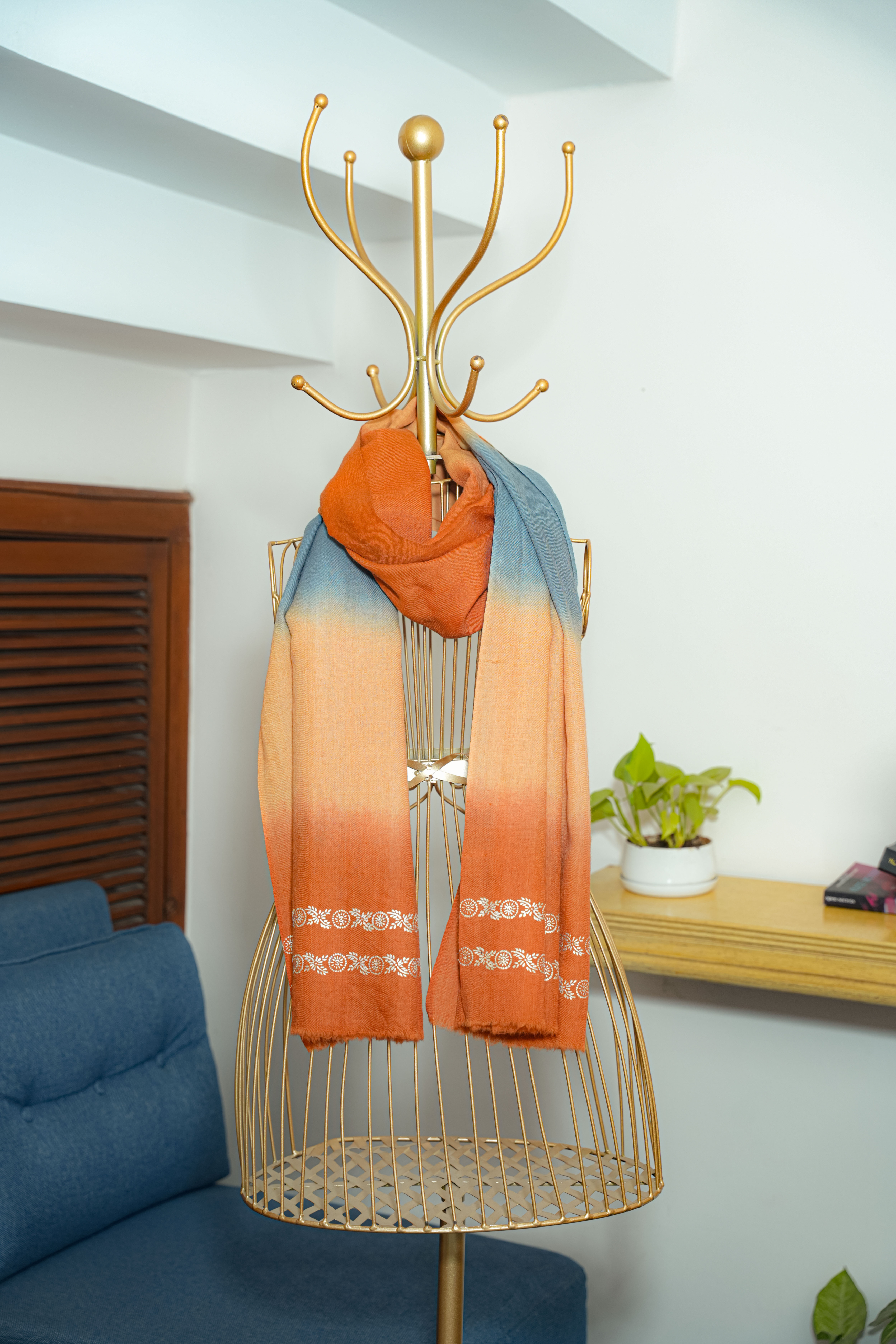 Ombre (Orange & Ice Blue) Fine Wool Chandi Scarf