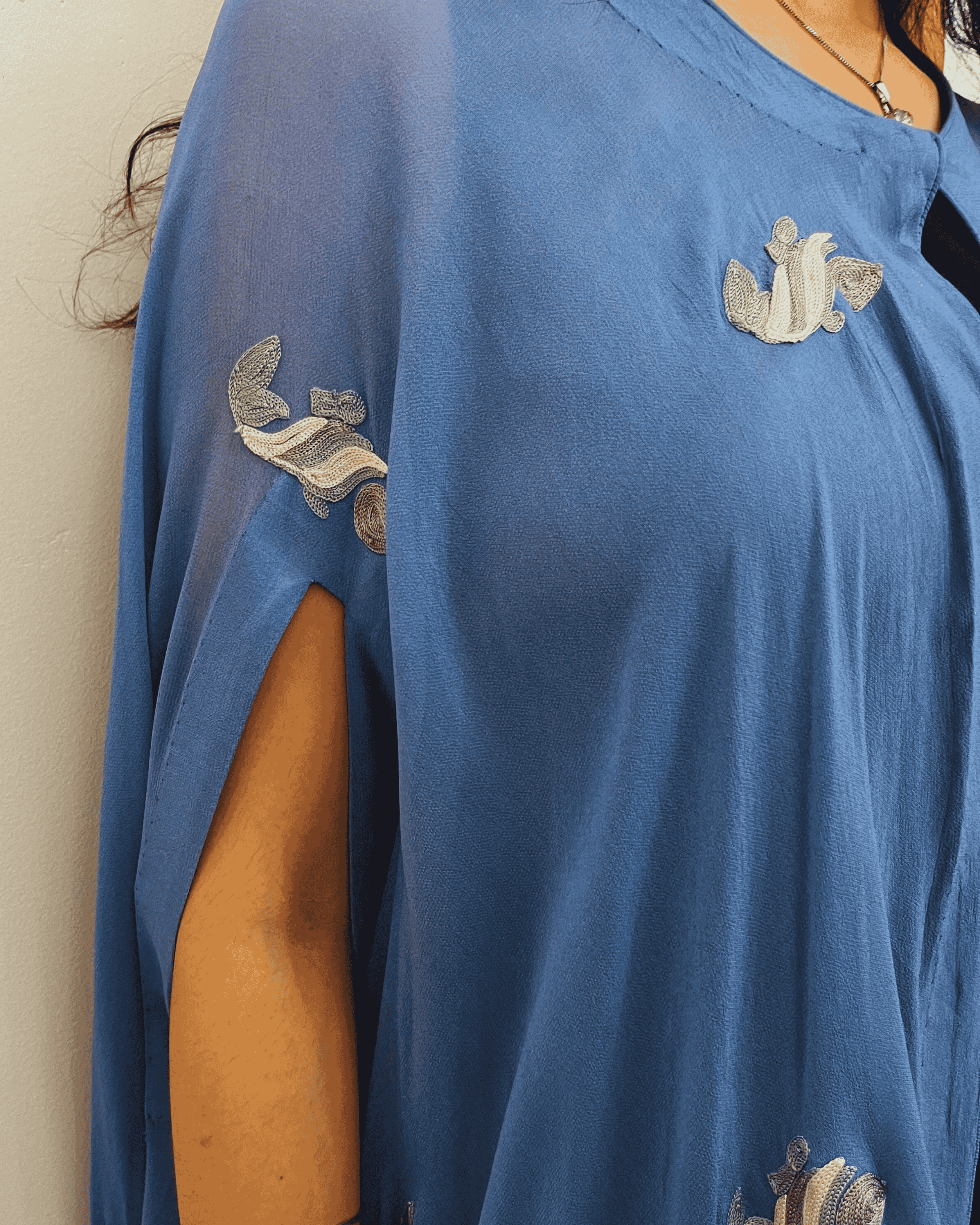 Sky Blue Georgette Embroidered Cape - Floating Fishes (Around the World)