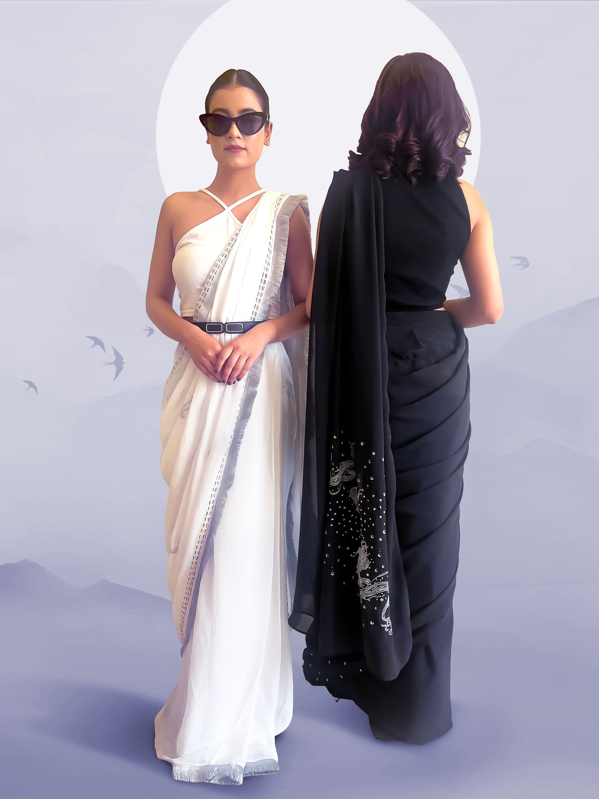 White Georgette Hand- Painted & Embroidered Saree - Paisley Print & more (October Summers)