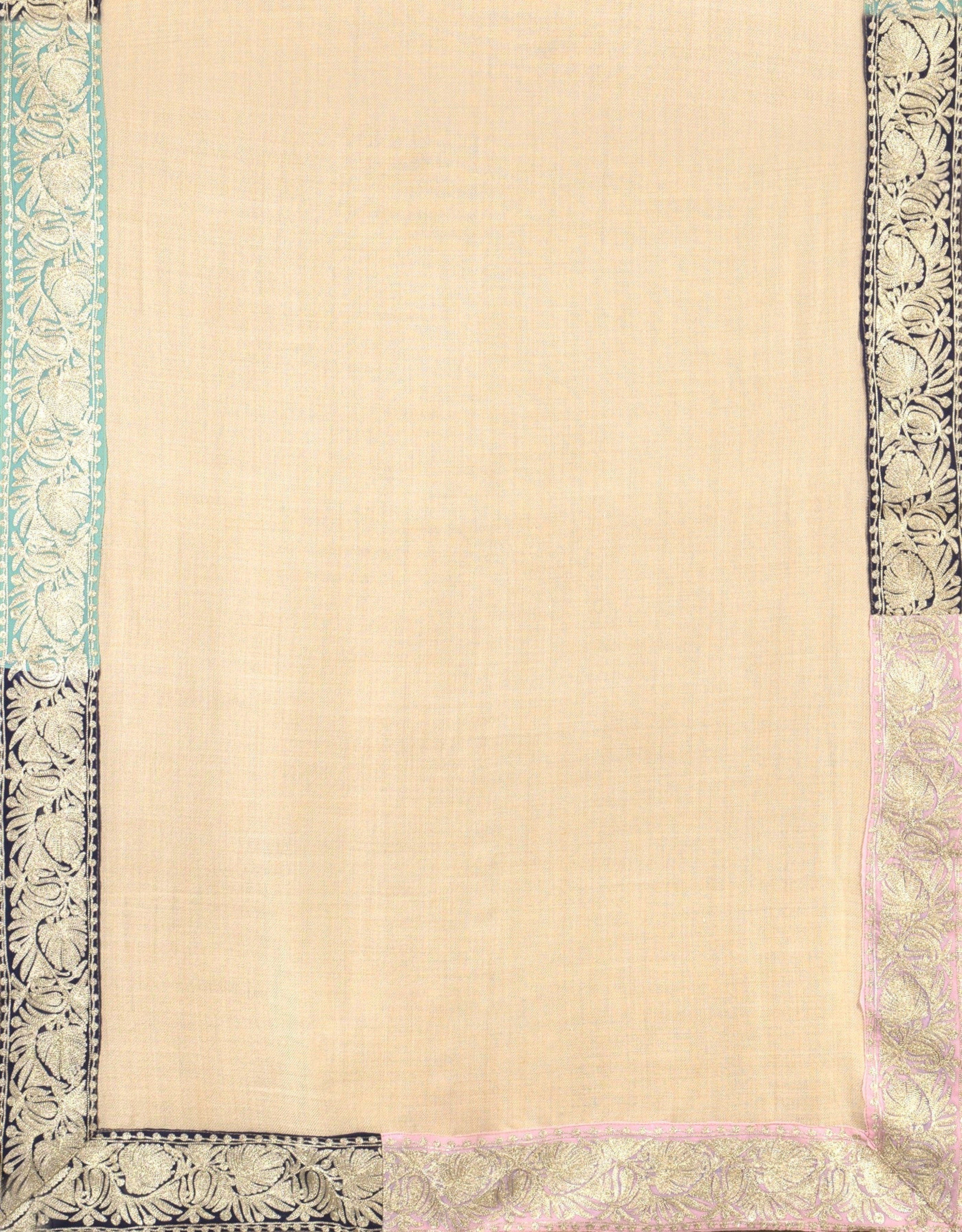 Coloring Boundaries in Pashmina-Embroidered Stole with Earthy Tones and Ornate Borders in Beige