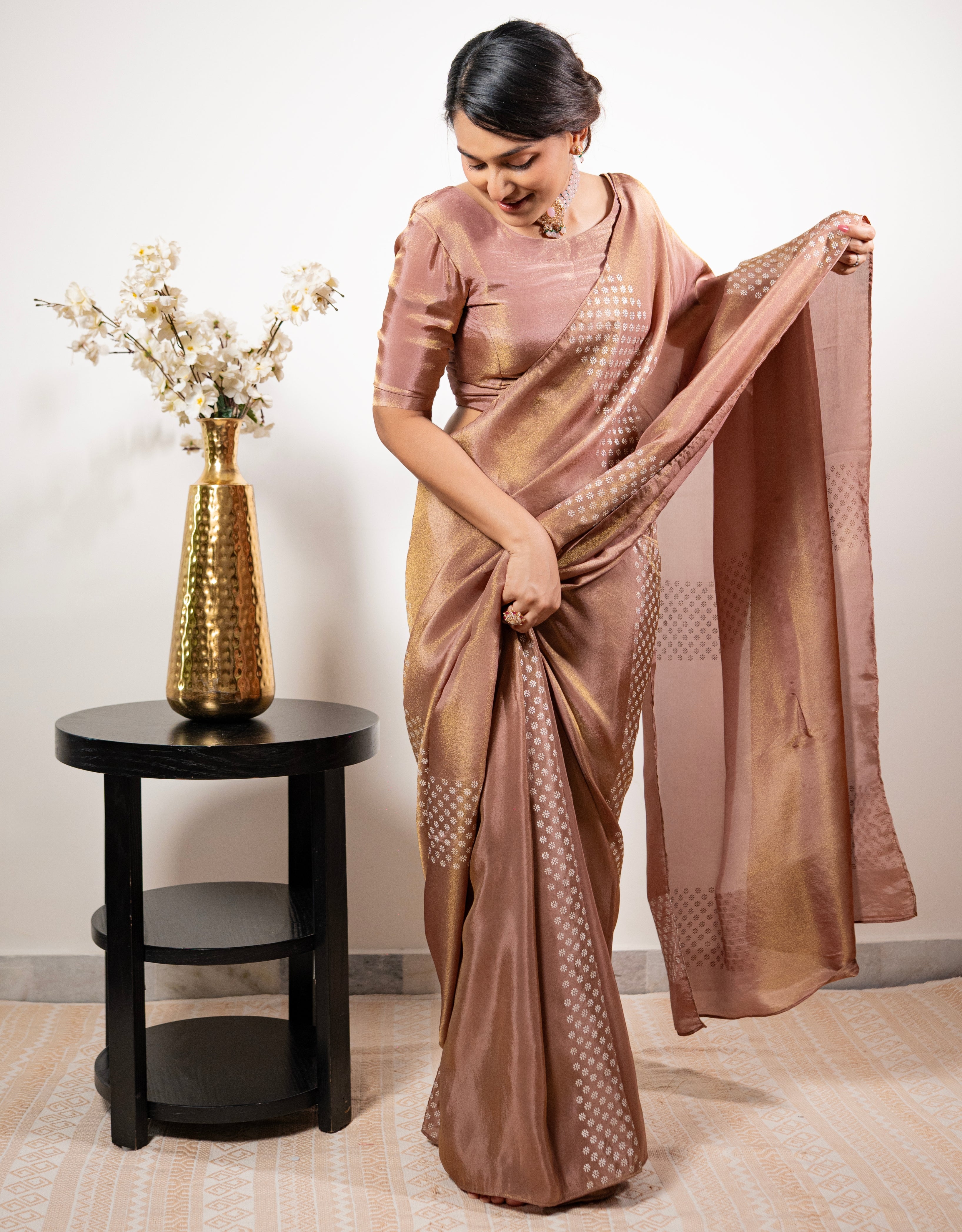 Nutmeg Real Silver Saree in Tissue Silk