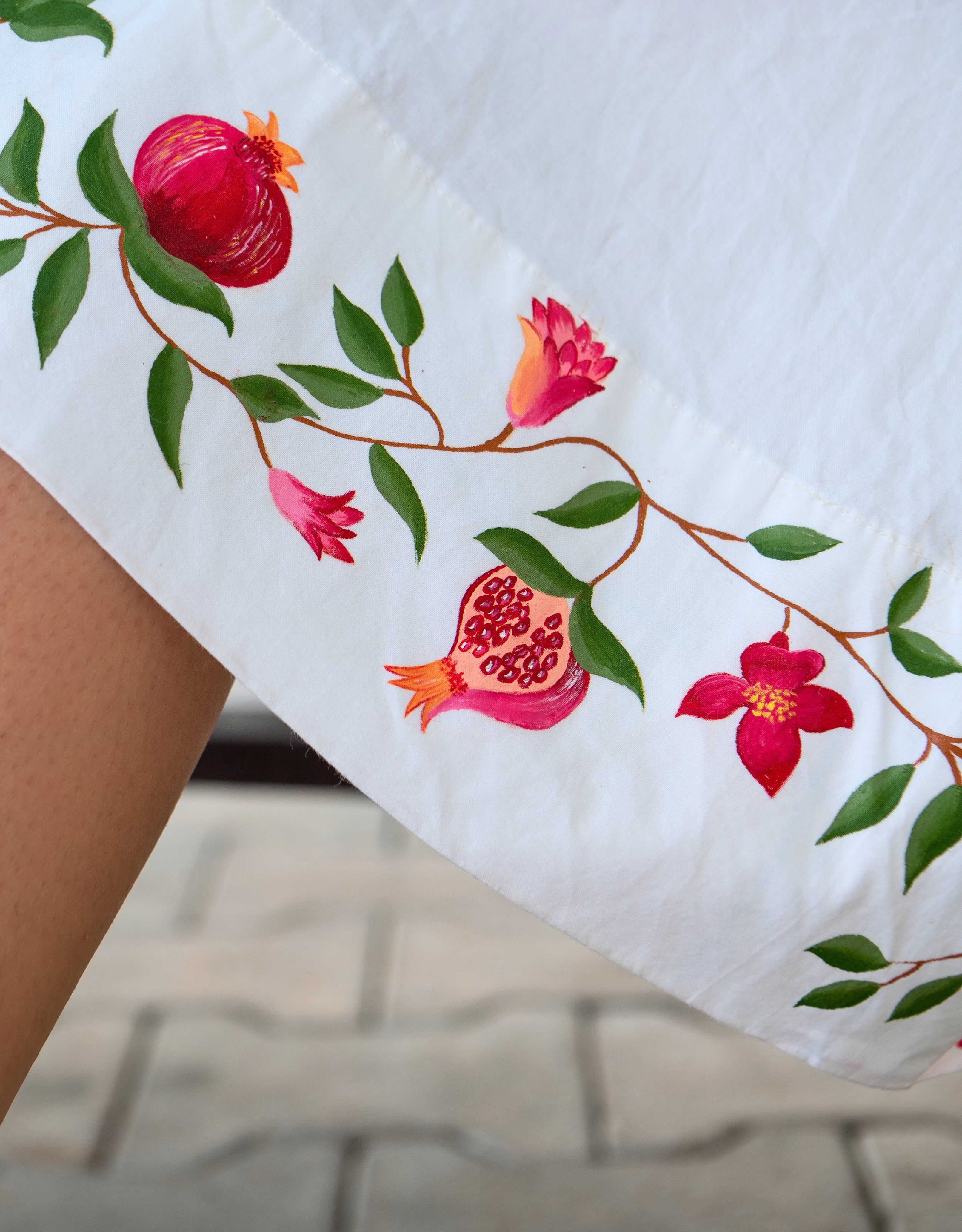 Ivory Pomegranate Hem Handpainted Cotton Dress