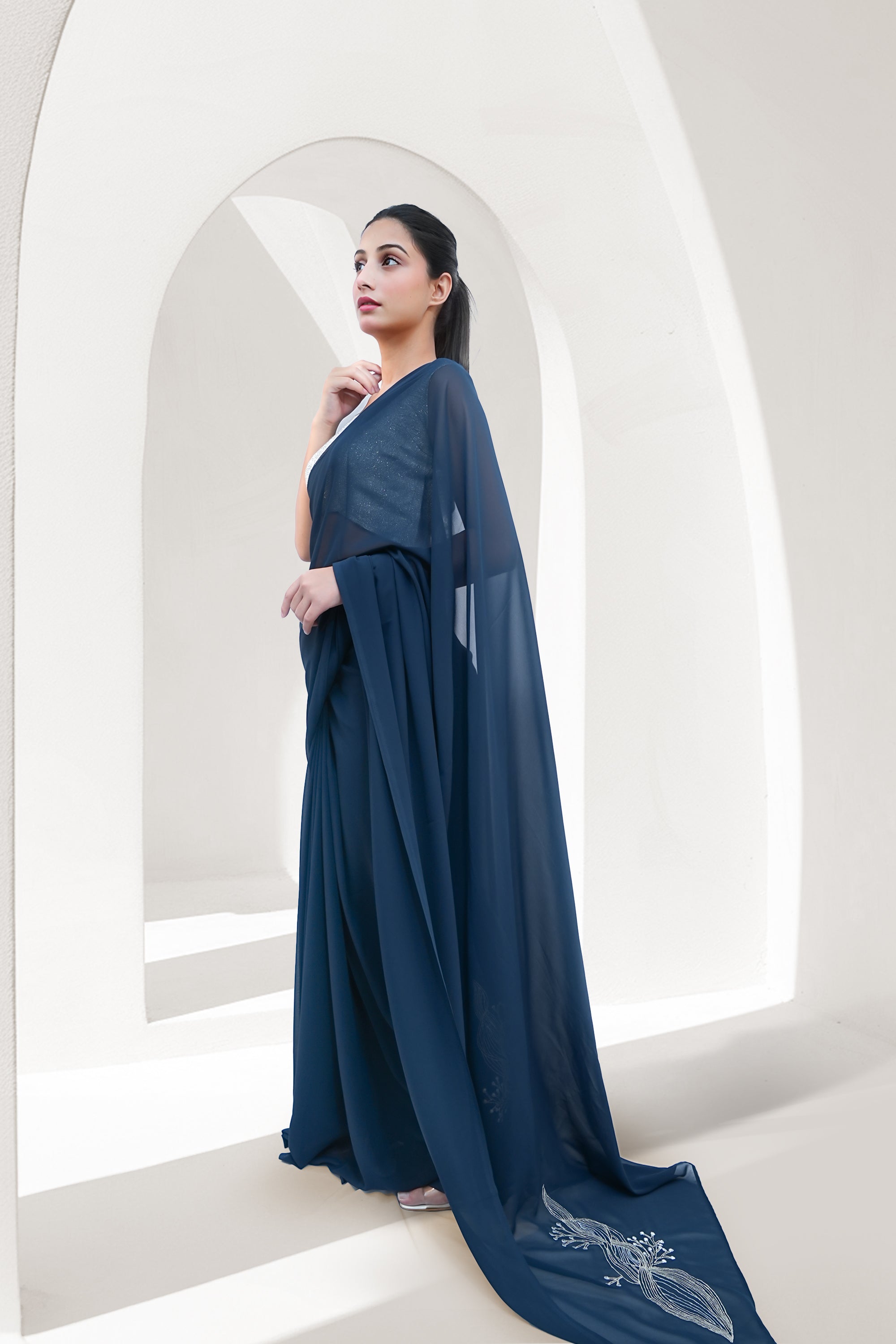 Teal Blue Georgette Embroidered Saree - Dreams, Tilla & More (October Summers)