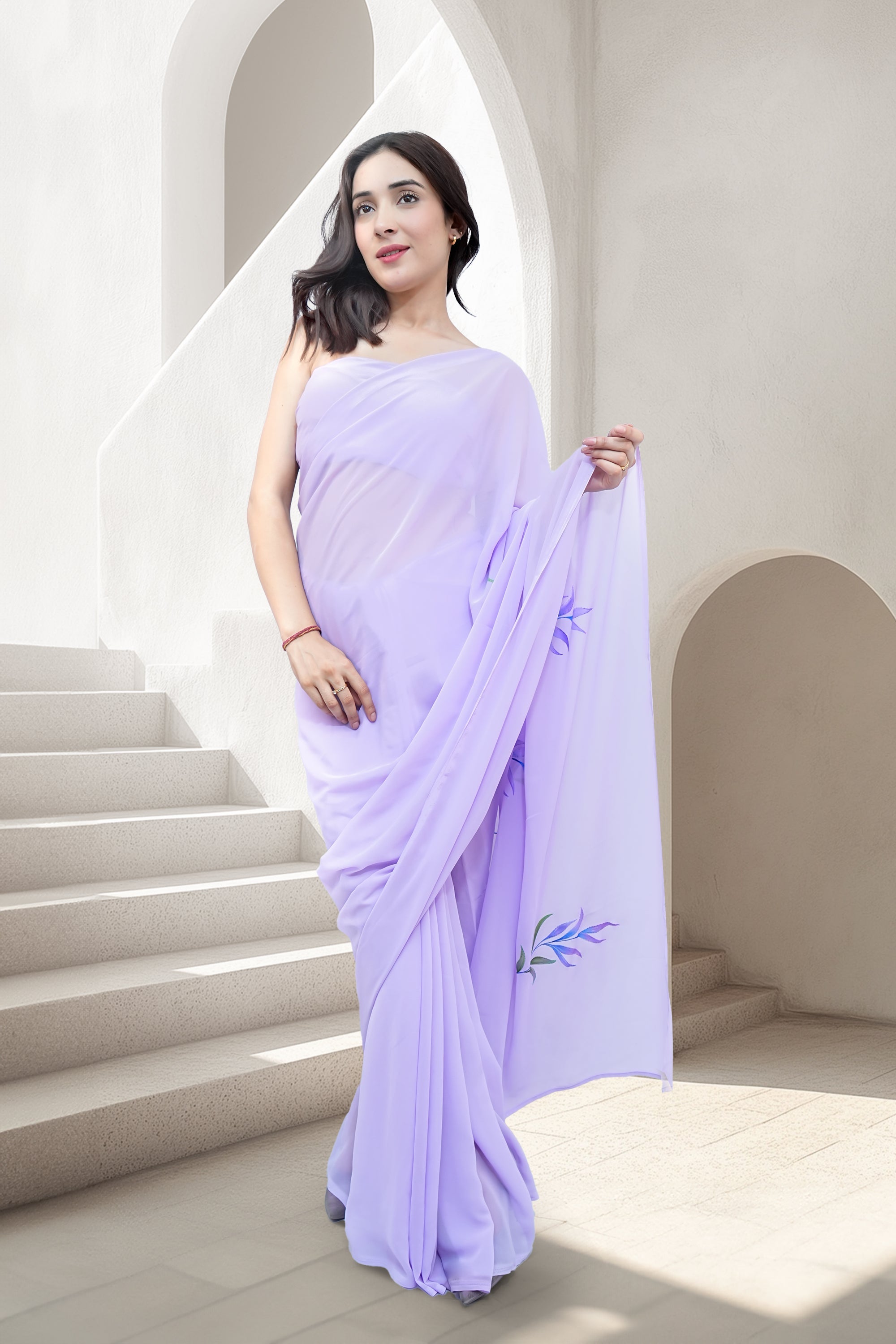 Lilac Georgette Hand-Painted Saree - Leafy Affair (October Summers)