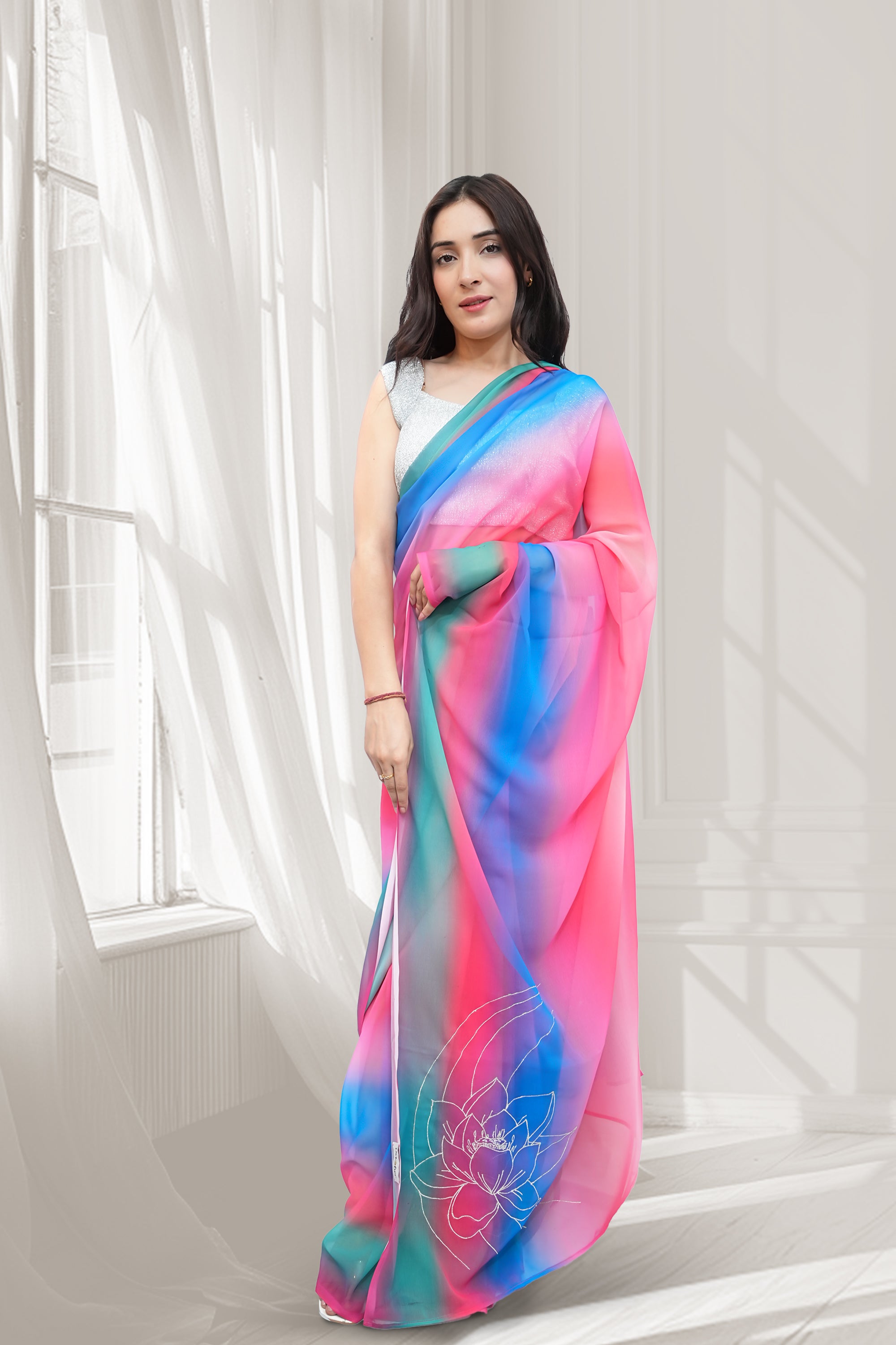 Multicolor Ombré Georgette Embroidered Saree - Lotus Ombré (October Summers)