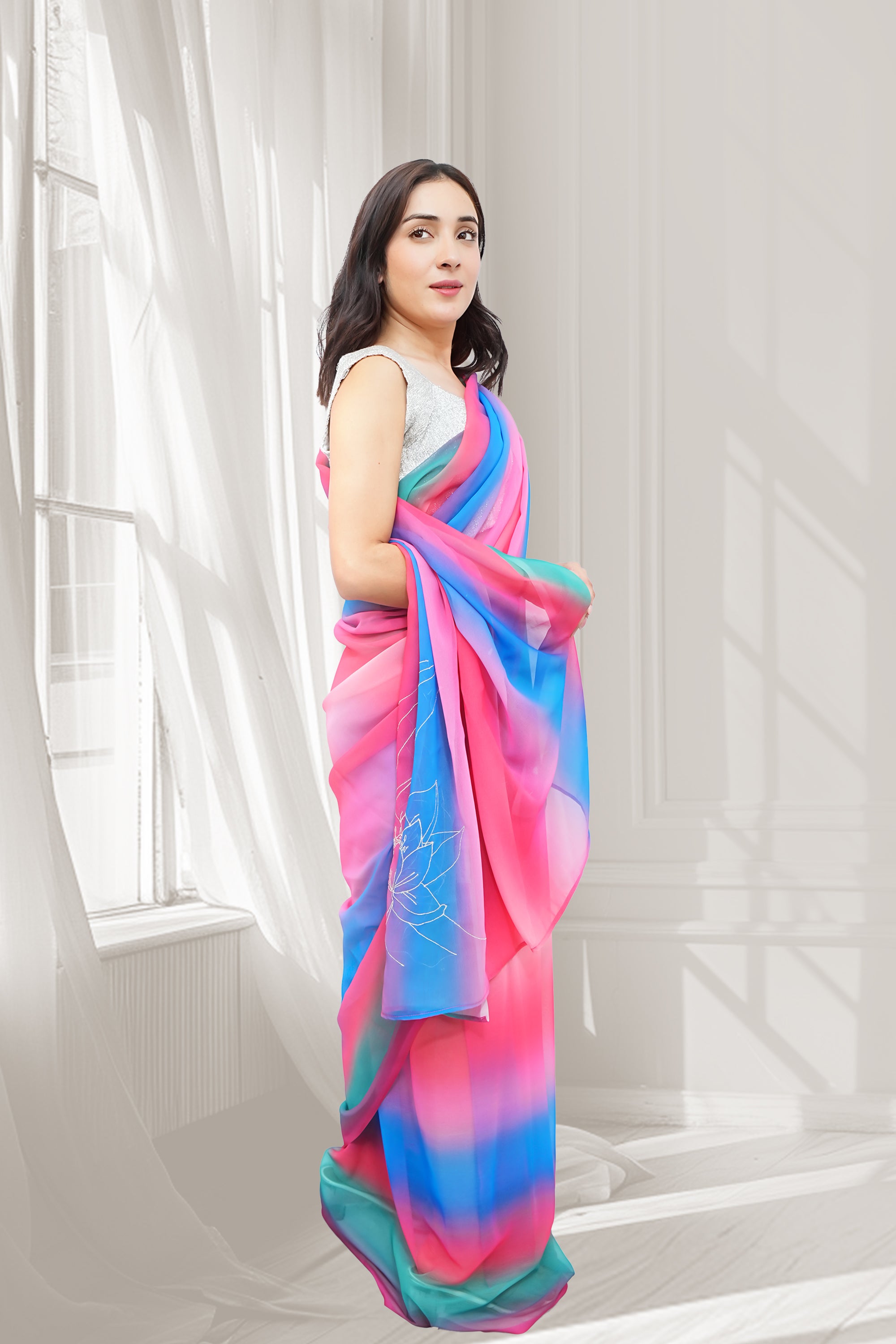 Multicolor Ombré Georgette Embroidered Saree - Lotus Ombré (October Summers)