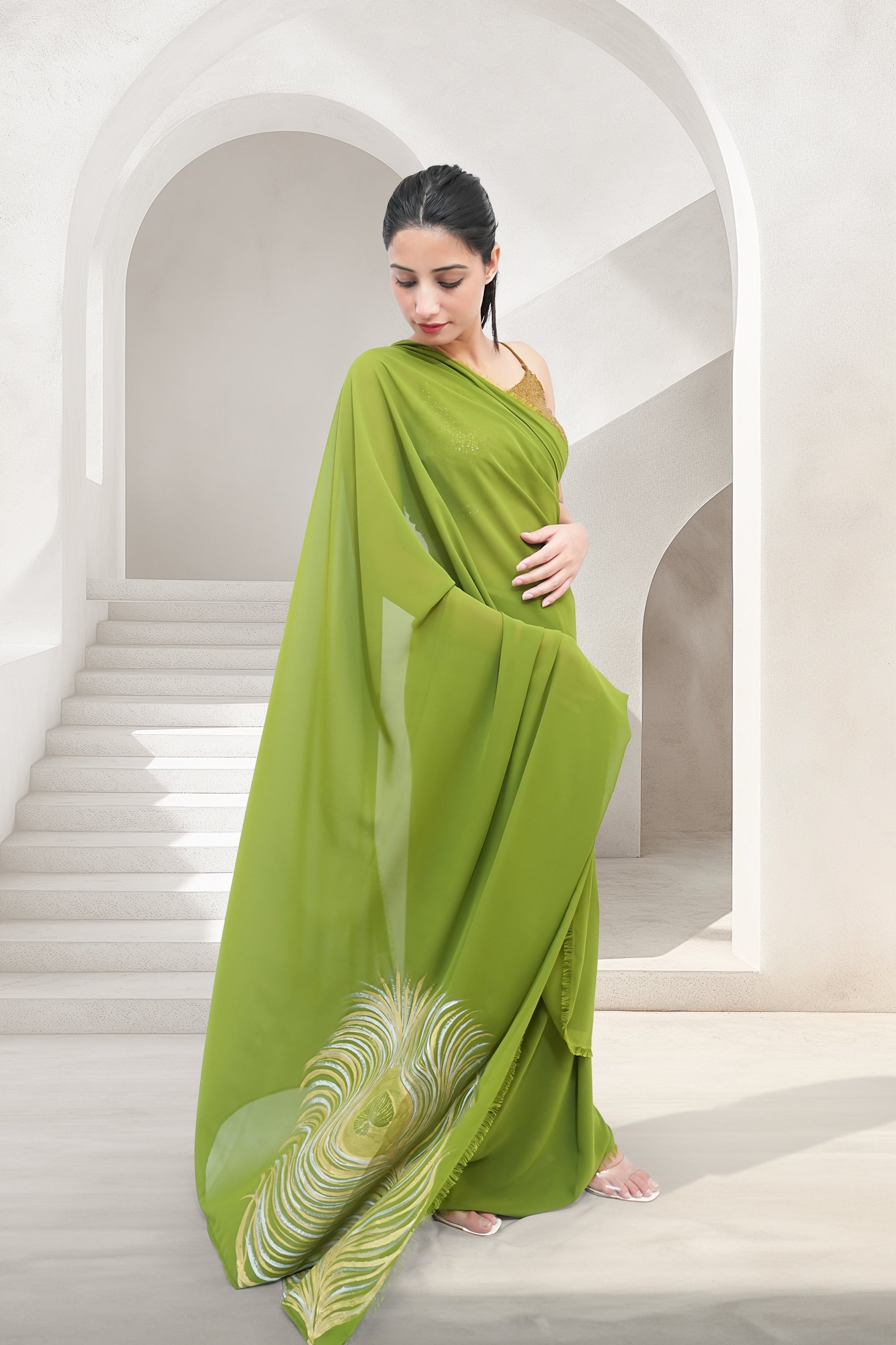 Green Georgette Hand-Painted Saree - Metallic Morpankh (October Summers)
