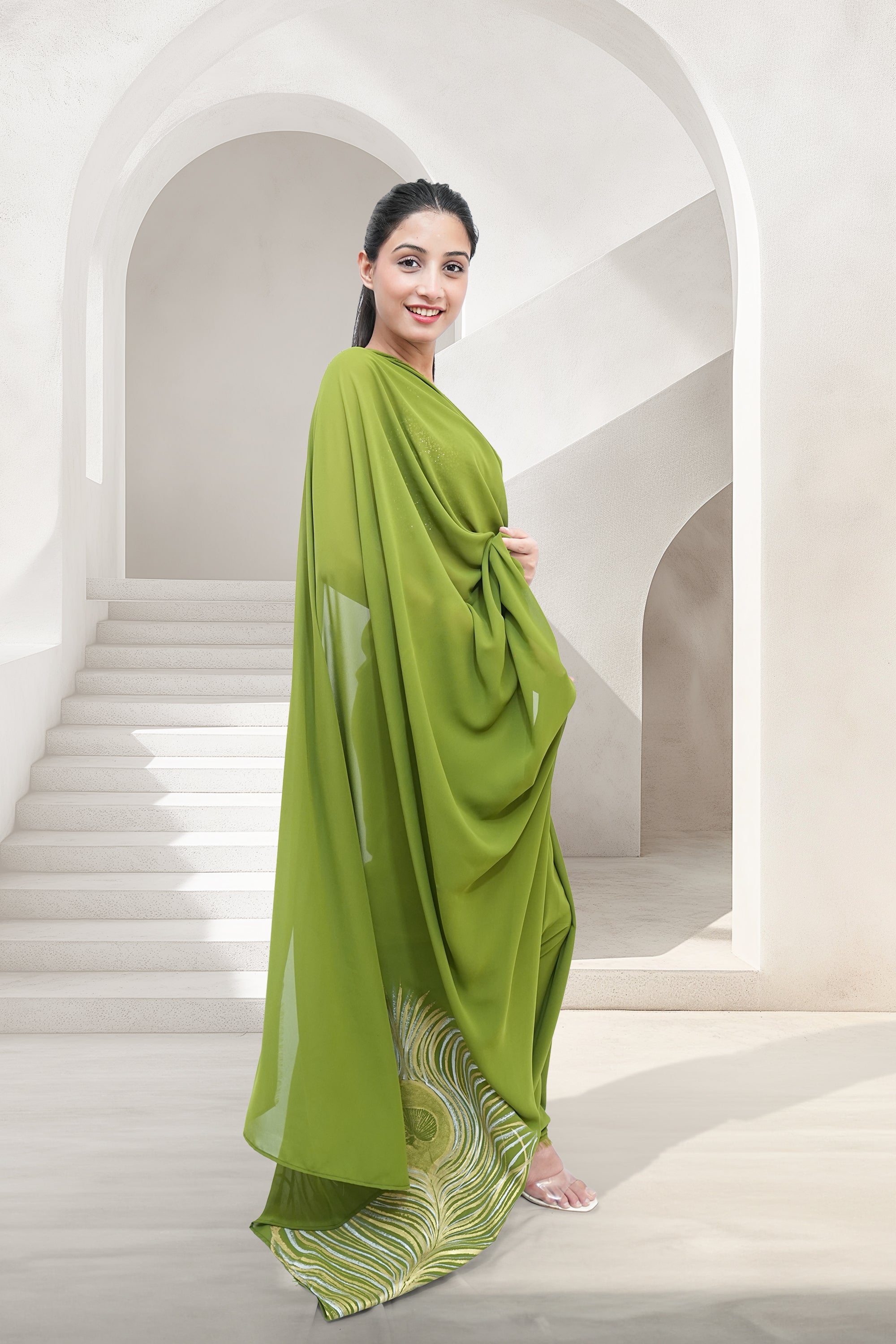 Green Georgette Hand-Painted Saree - Metallic Morpankh (October Summers)