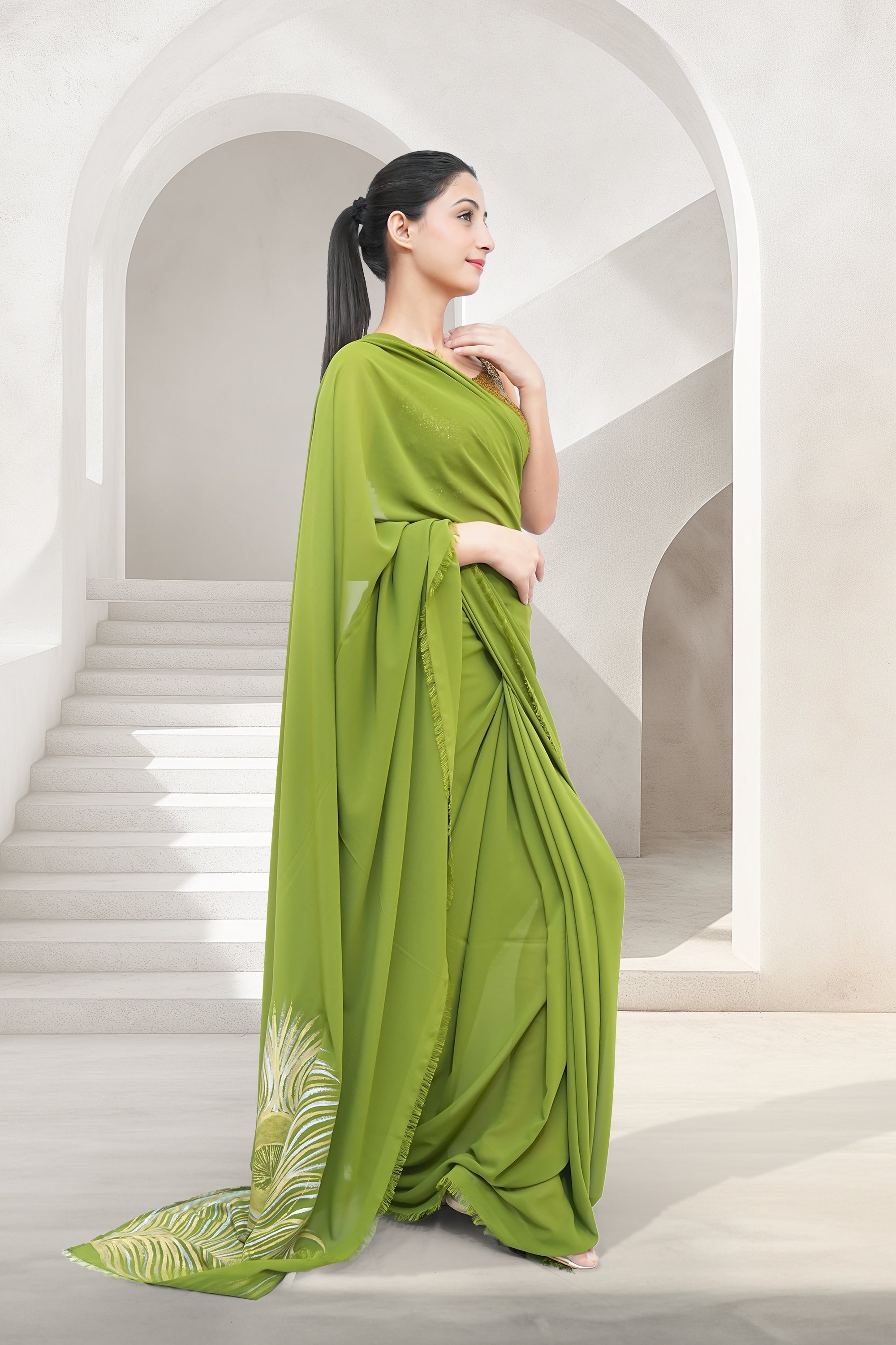 Green Georgette Hand-Painted Saree - Metallic Morpankh (October Summers)