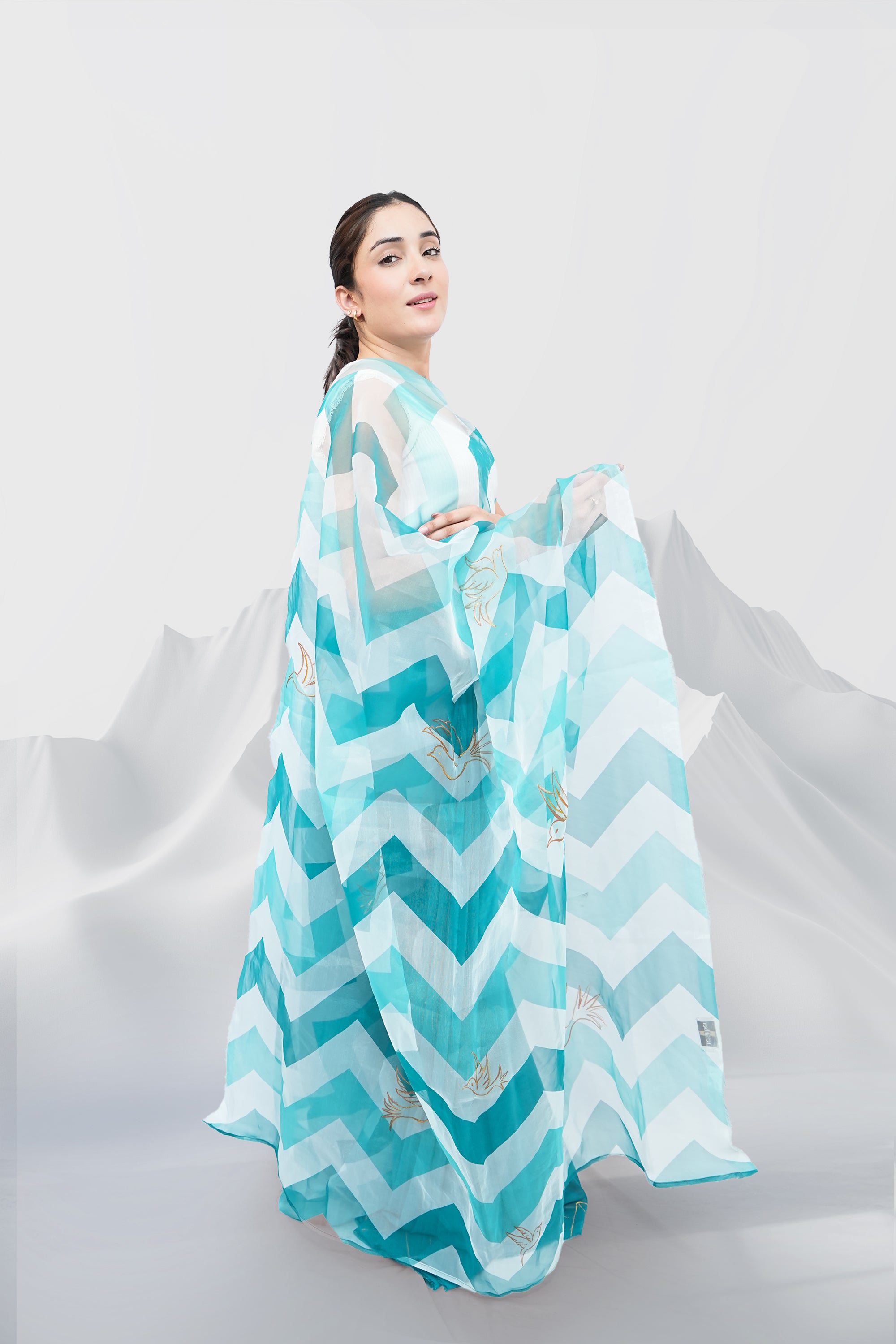 Teal Blue Georgette and Organza Hand-Painted Saree - Chirping Birds (October Summers)