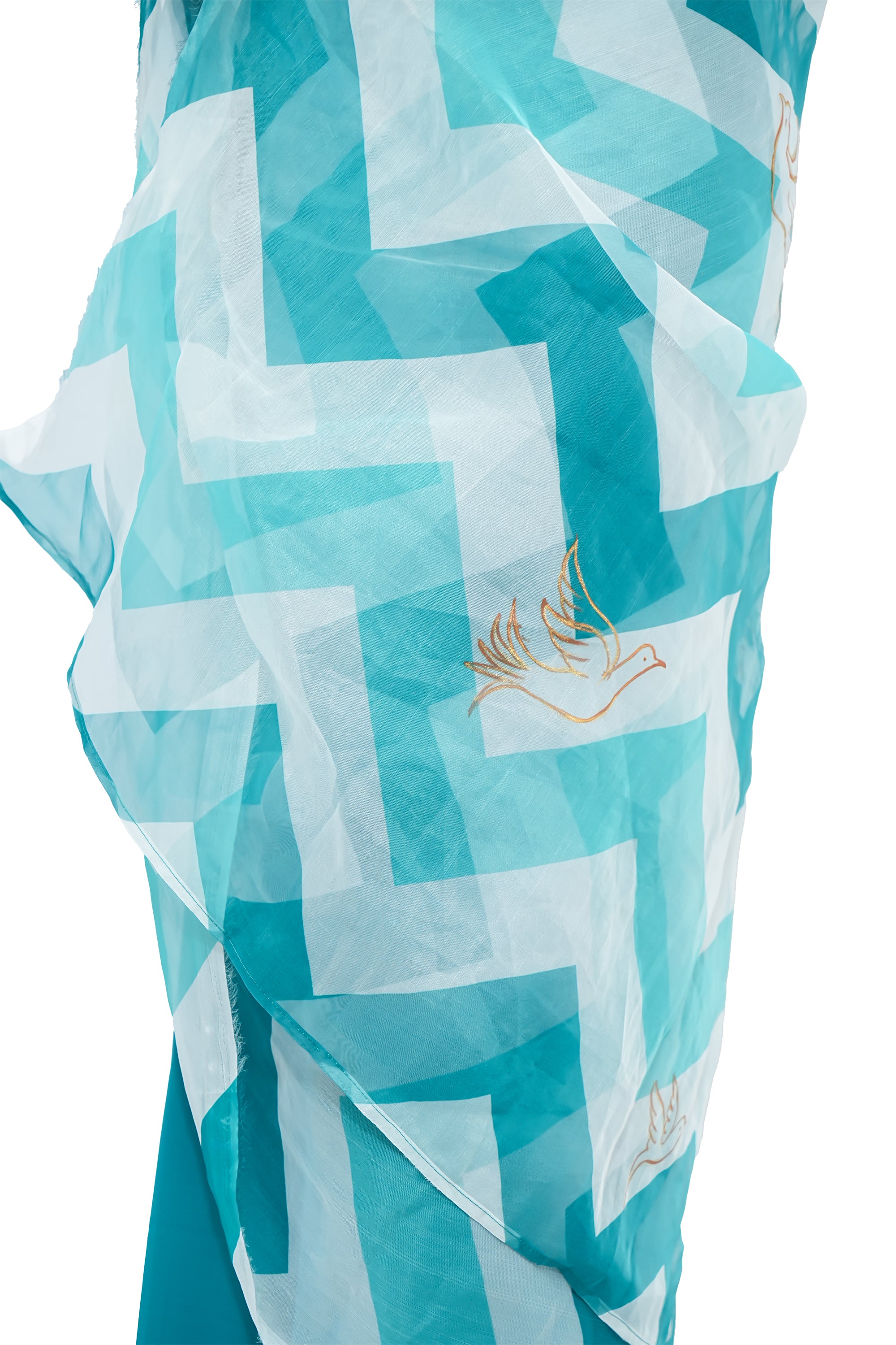 Teal Blue Georgette and Organza Hand-Painted Saree - Chirping Birds (October Summers)