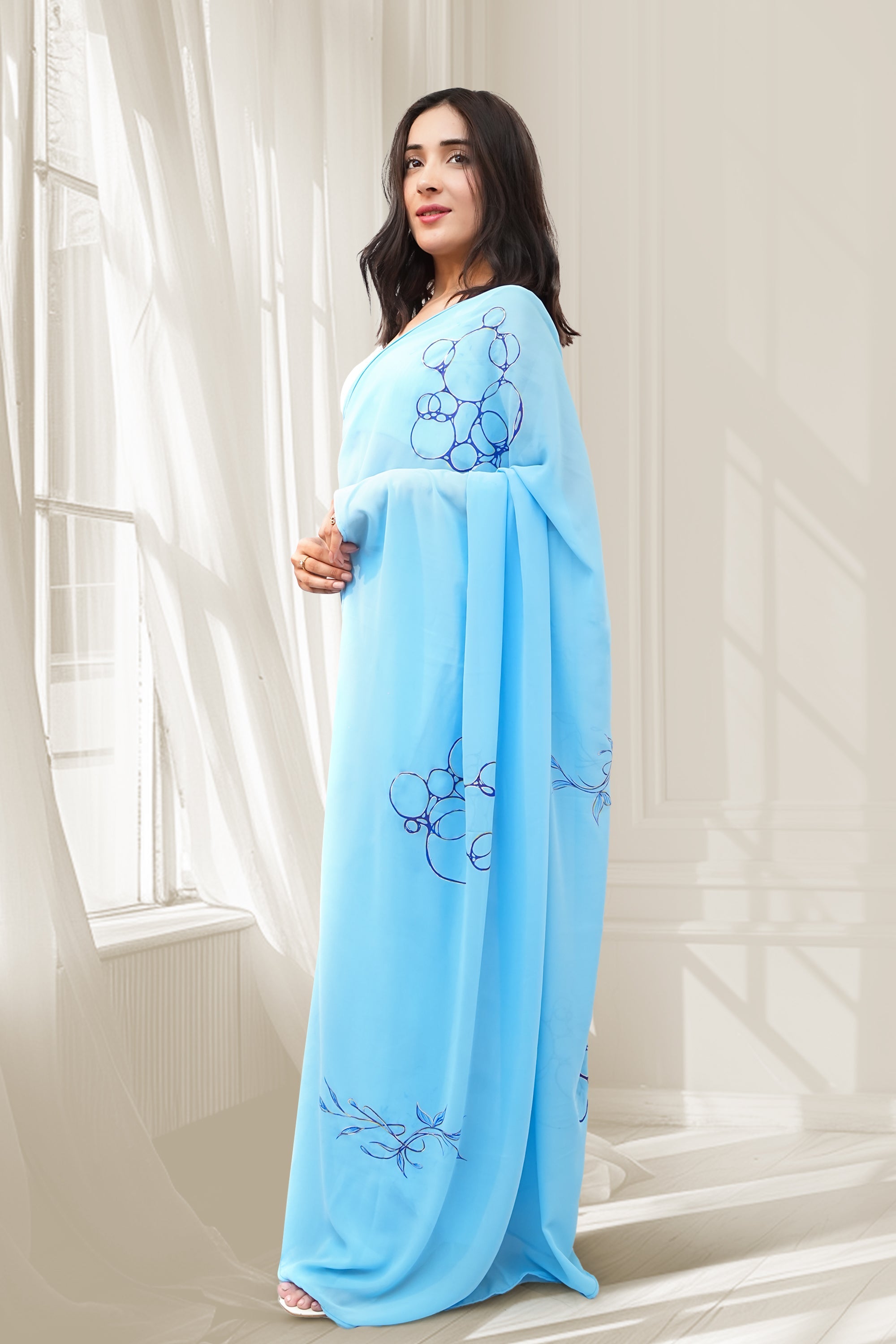 Ice Blue Georgette Hand-Painted Saree - Leaves & Bubbles (October Summers)