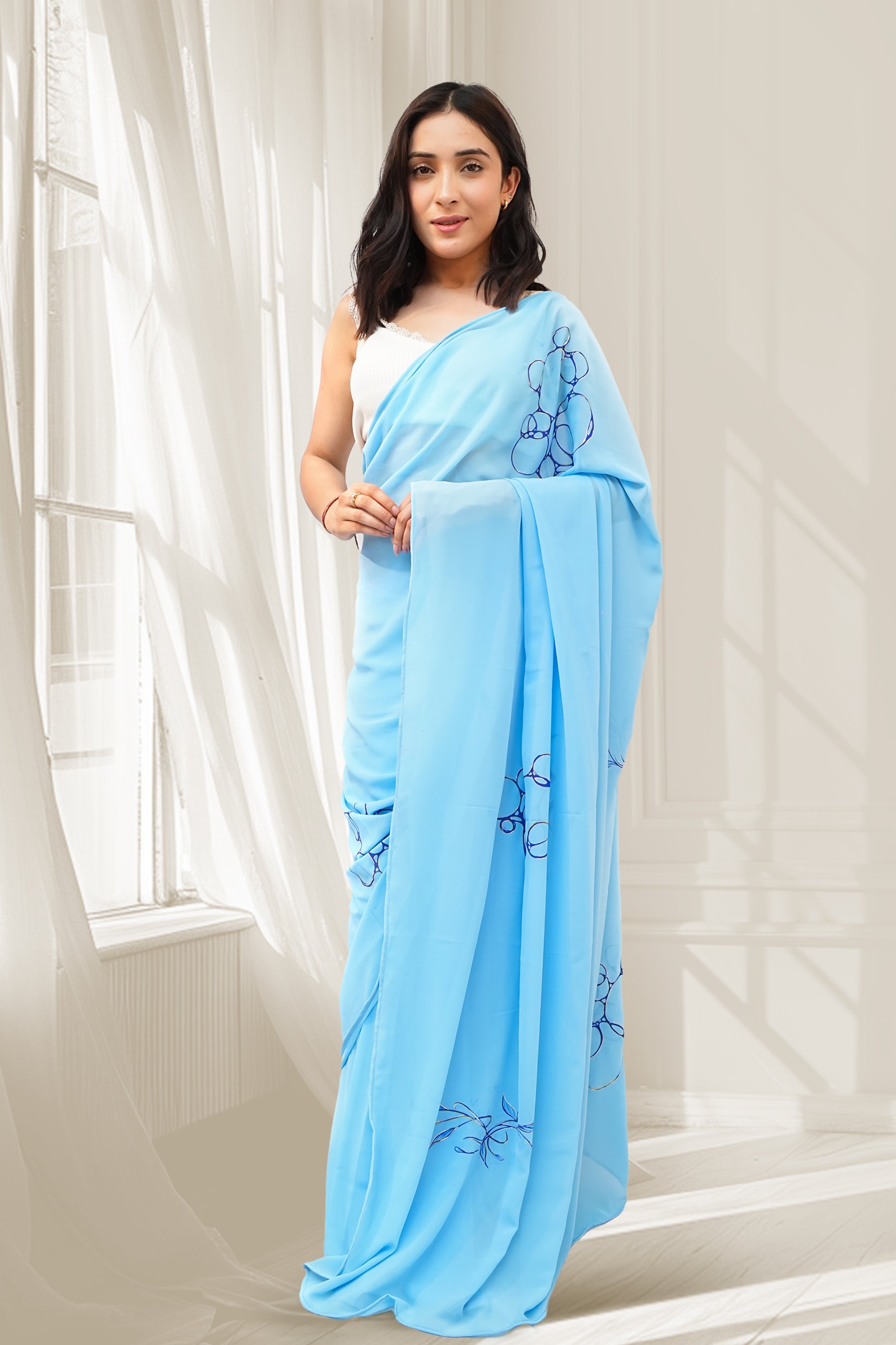 Ice Blue Georgette Hand-Painted Saree - Leaves & Bubbles (October Summers)