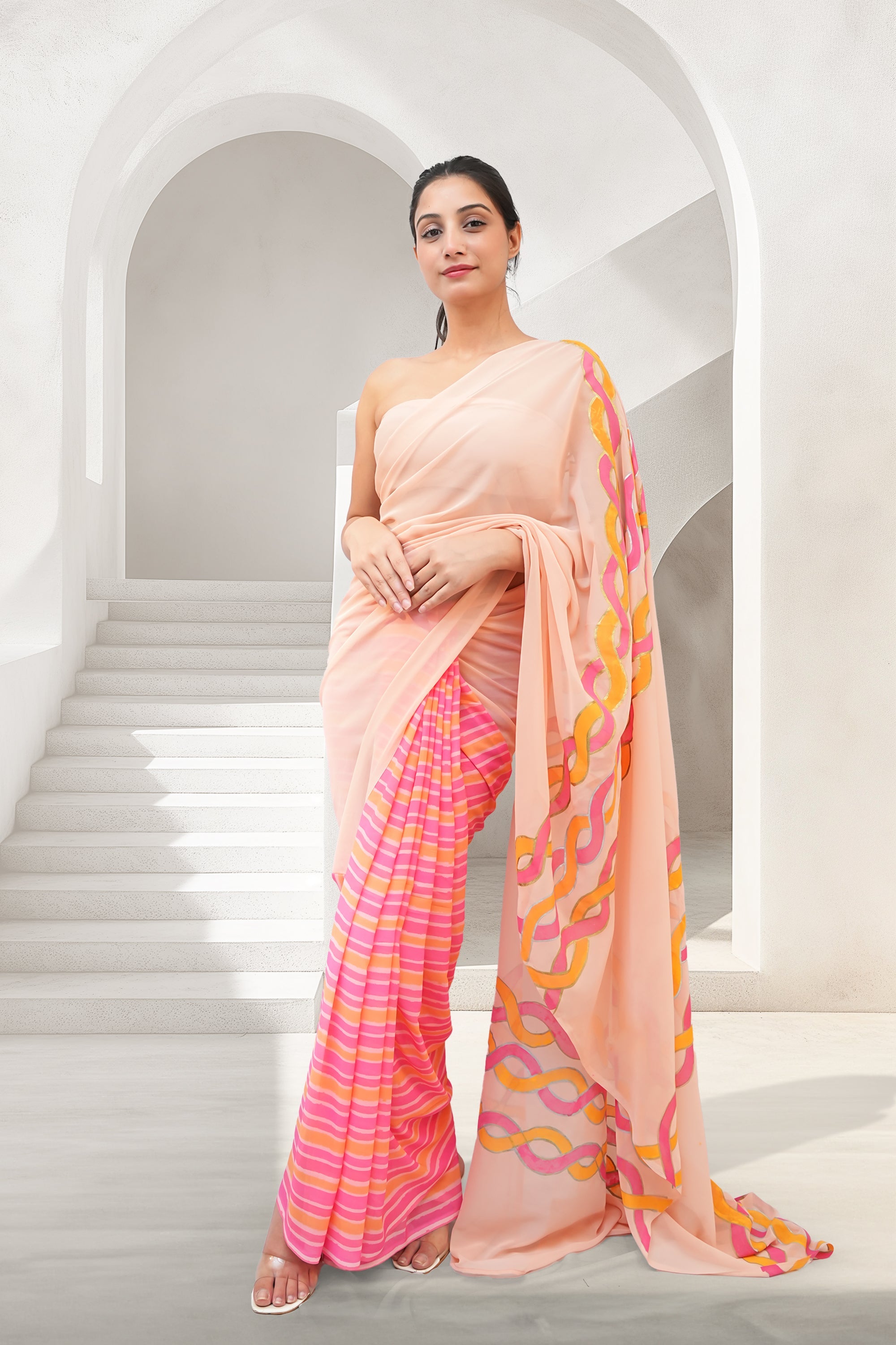 Pink & Peach Hand-Painted Georgette Saree - Twist & Knots (October Summers)