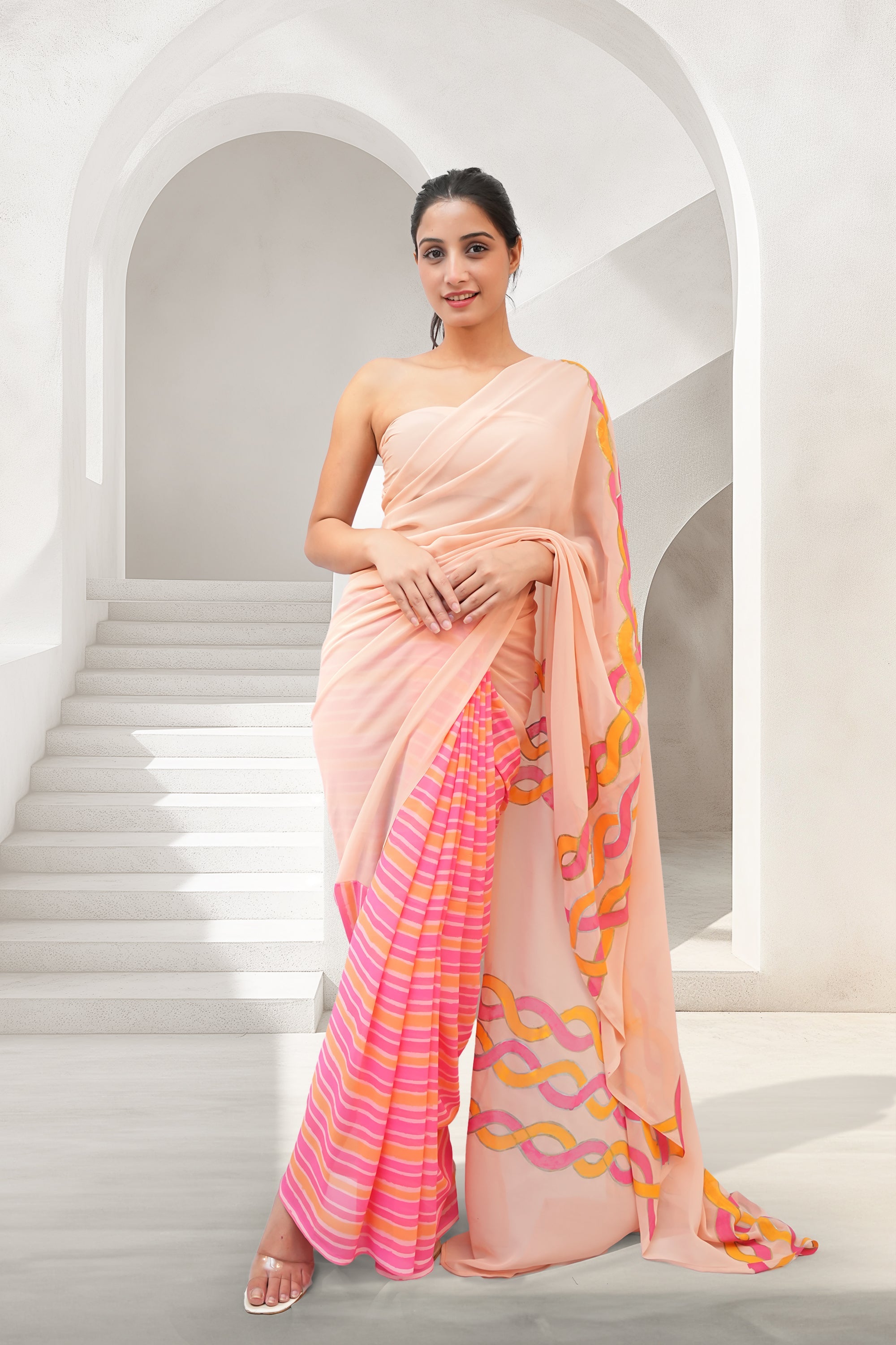 Pink & Peach Hand-Painted Georgette Saree - Twist & Knots (October Summers)