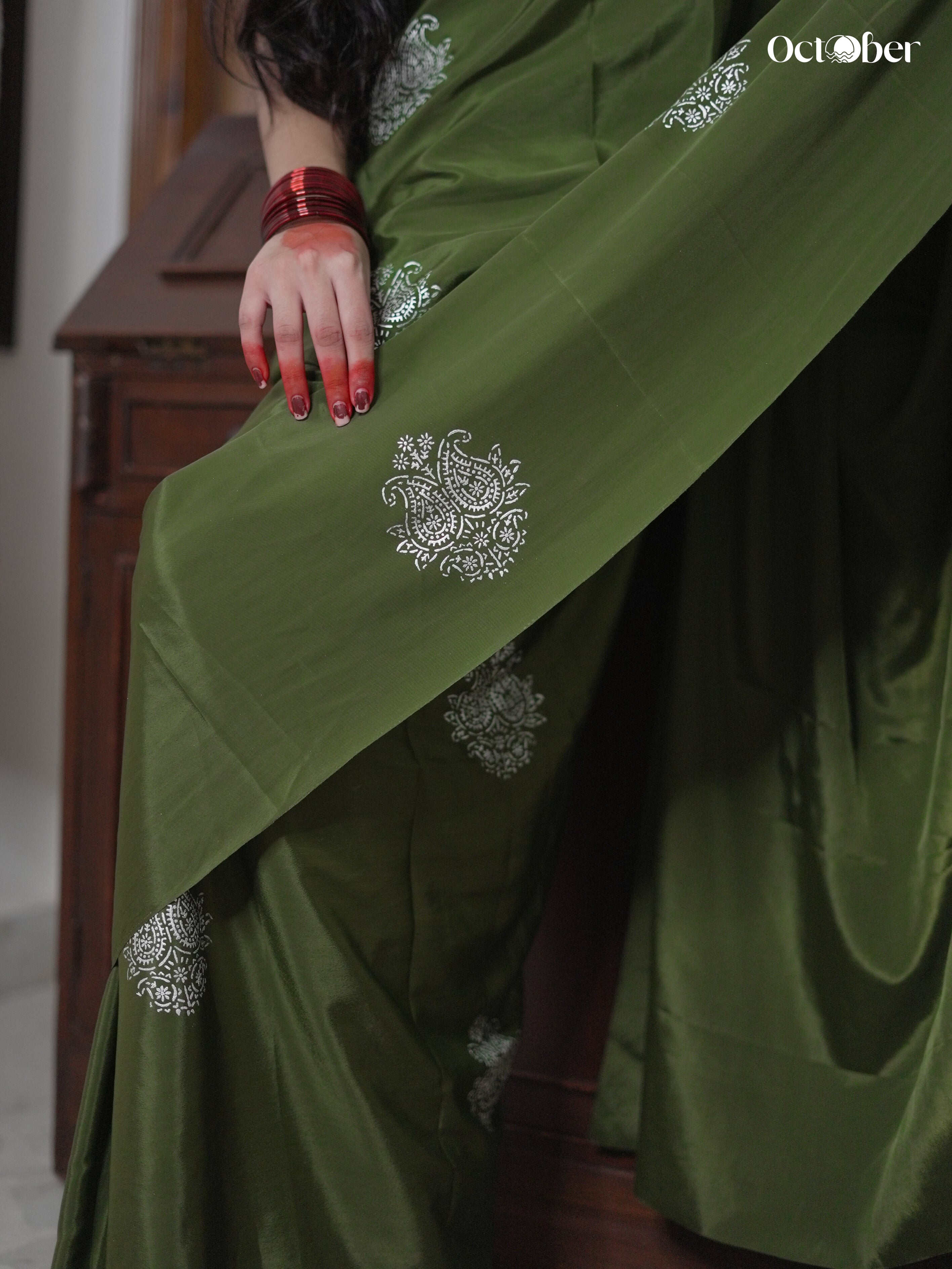 Chandi Ki Saree - Olive Green Silver Boota Crepe Saree (Silver Saree)