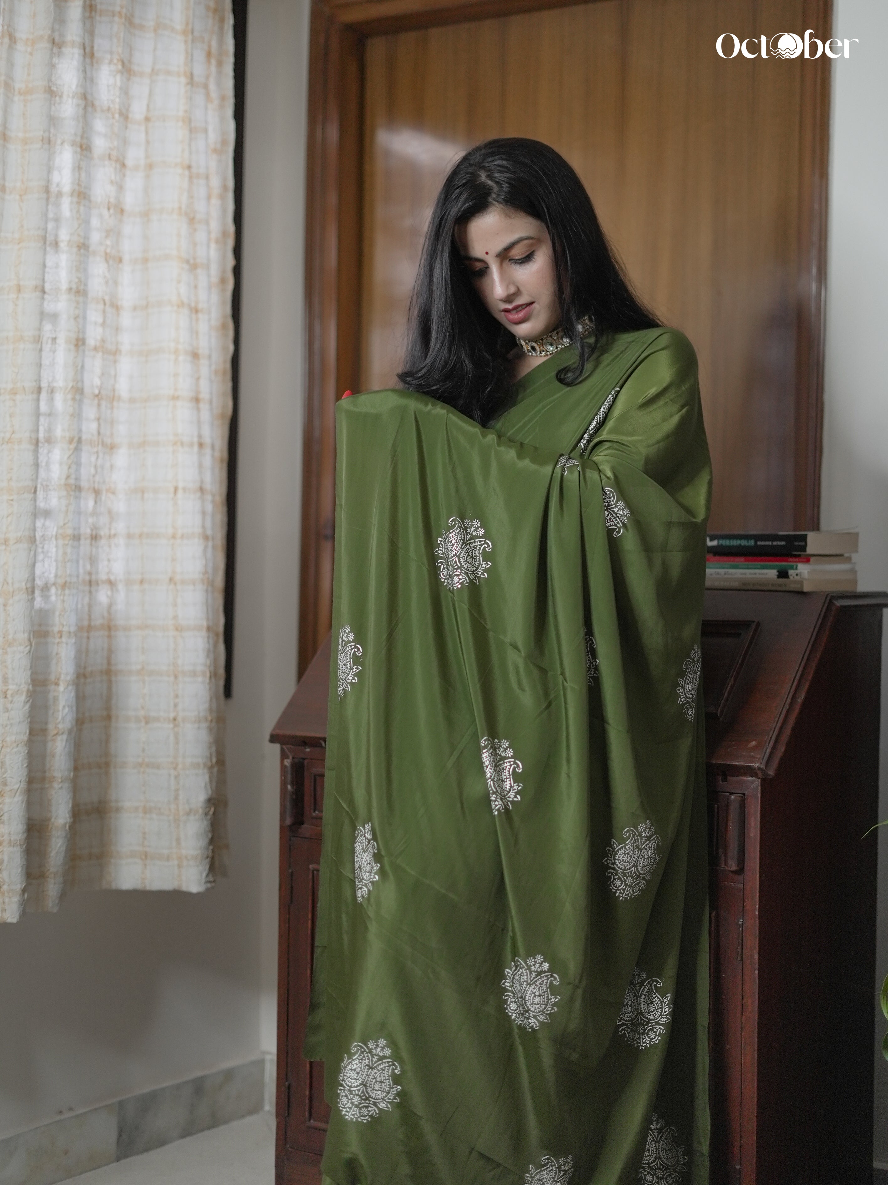 Chandi Ki Saree - Olive Green Silver Boota Crepe Saree (Silver Saree)