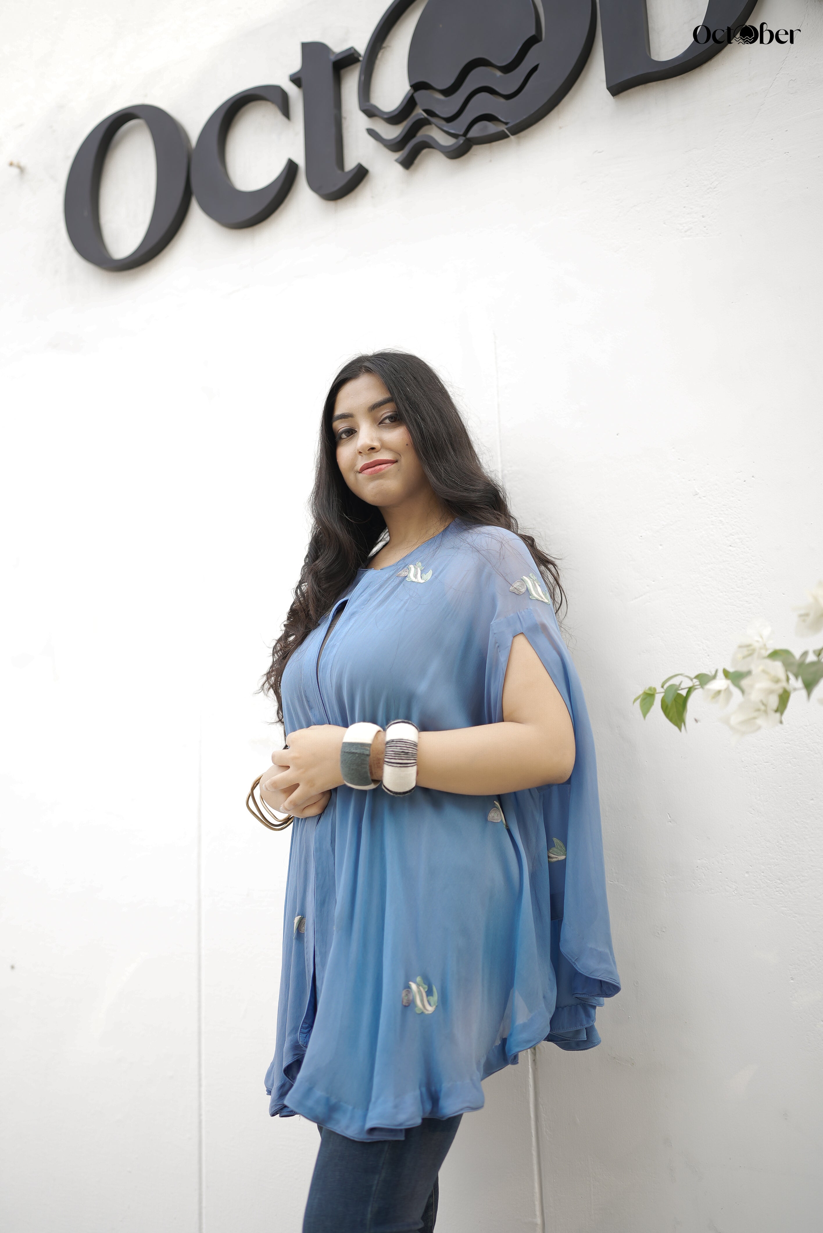 Sky Blue Georgette Embroidered Cape - Floating Fishes (Around the World)
