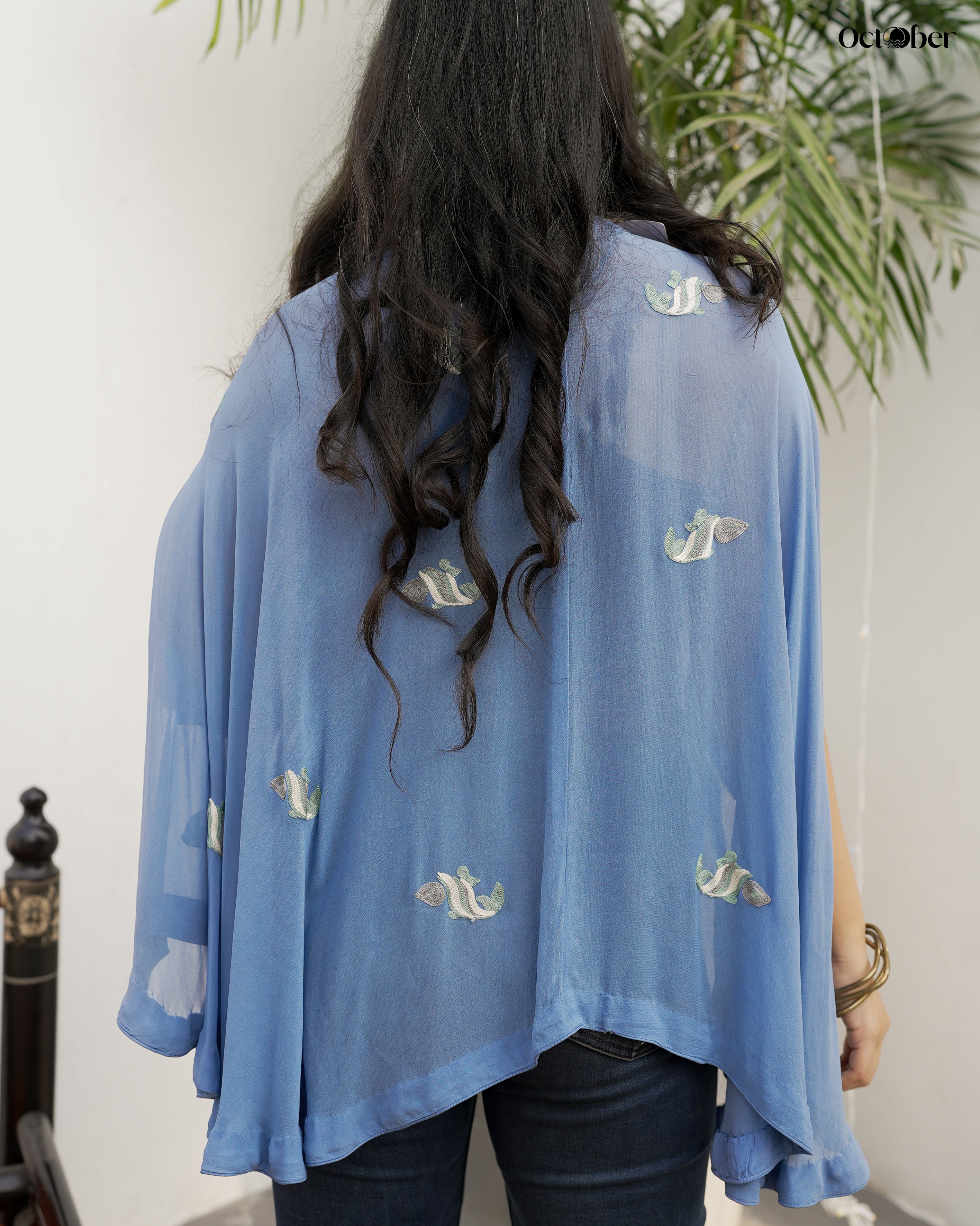 Sky Blue Georgette Embroidered Cape - Floating Fishes (Around the World)