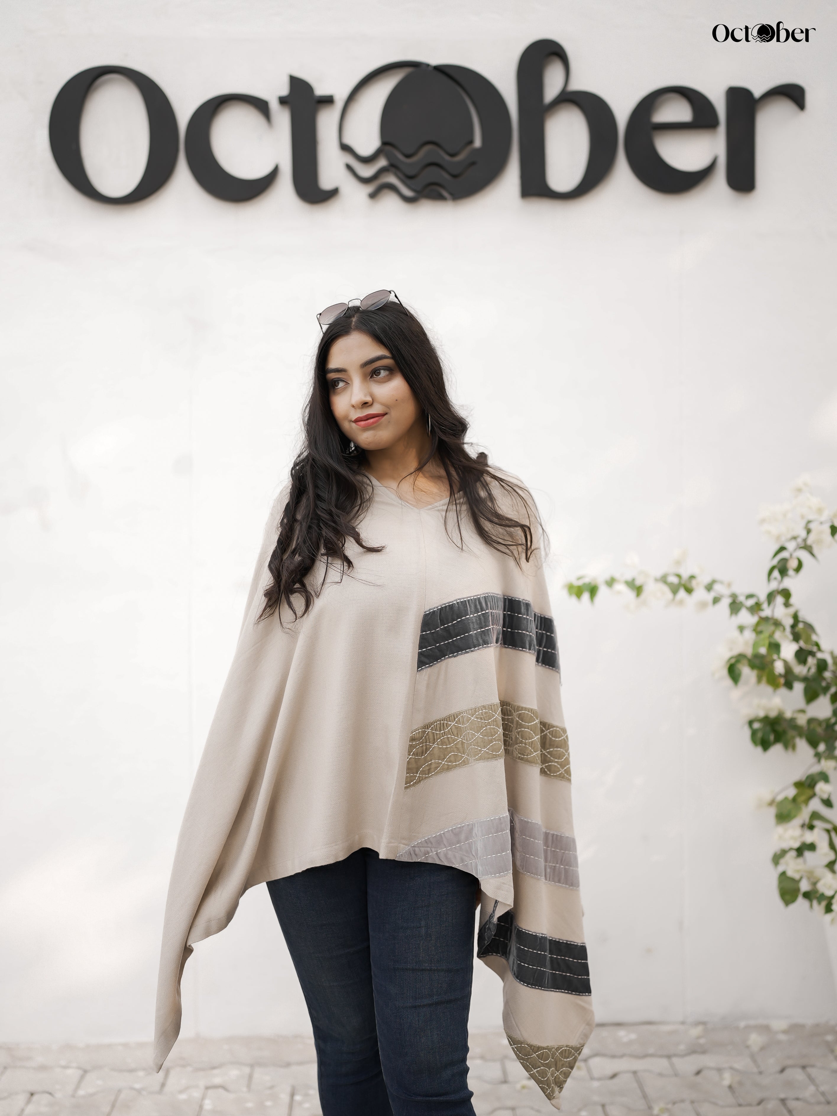Beige Fine Wool Embroidered and Patched Cape - Velvet Patti (Around the world)