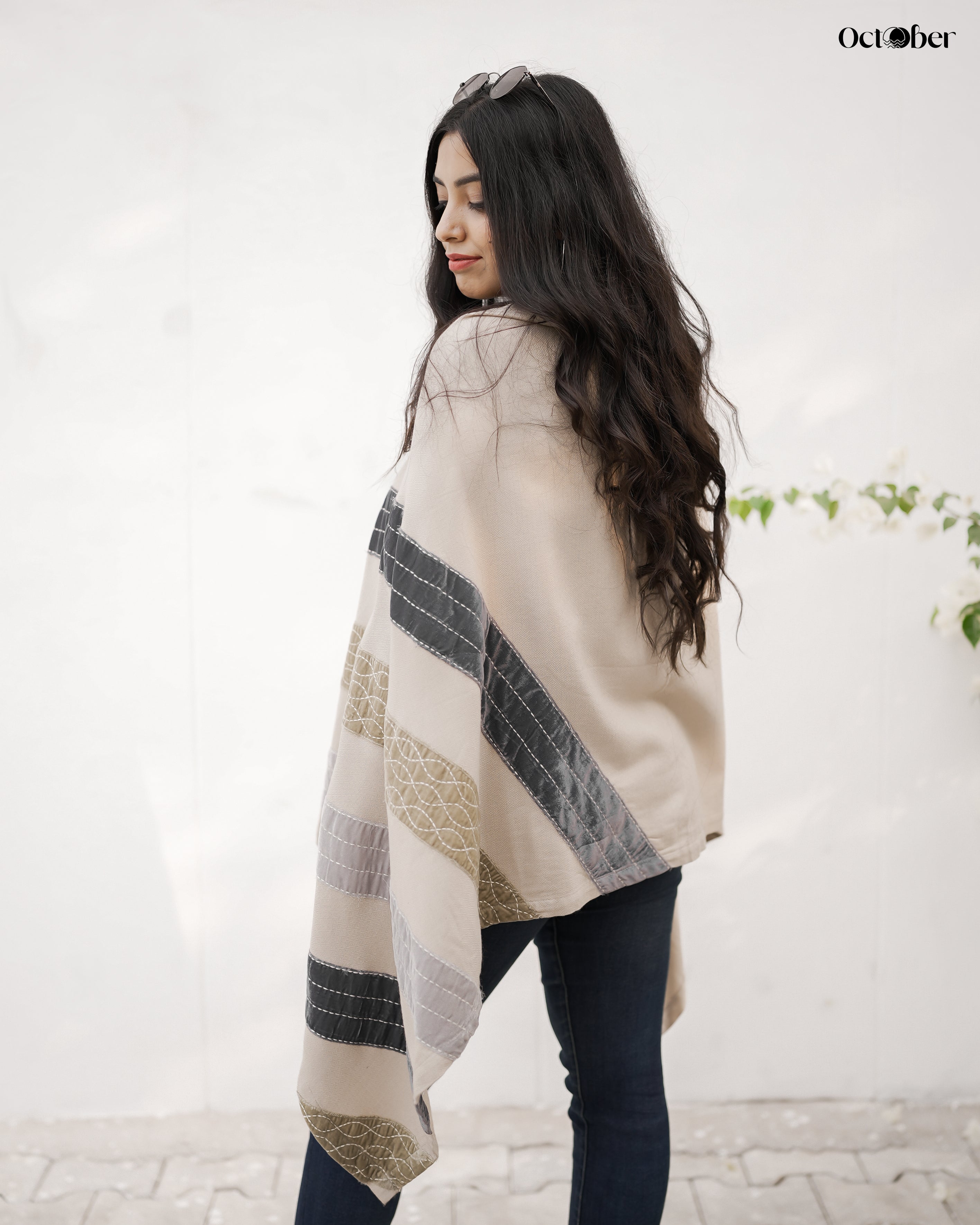 Beige Fine Wool Embroidered and Patched Cape - Velvet Patti (Around the world)