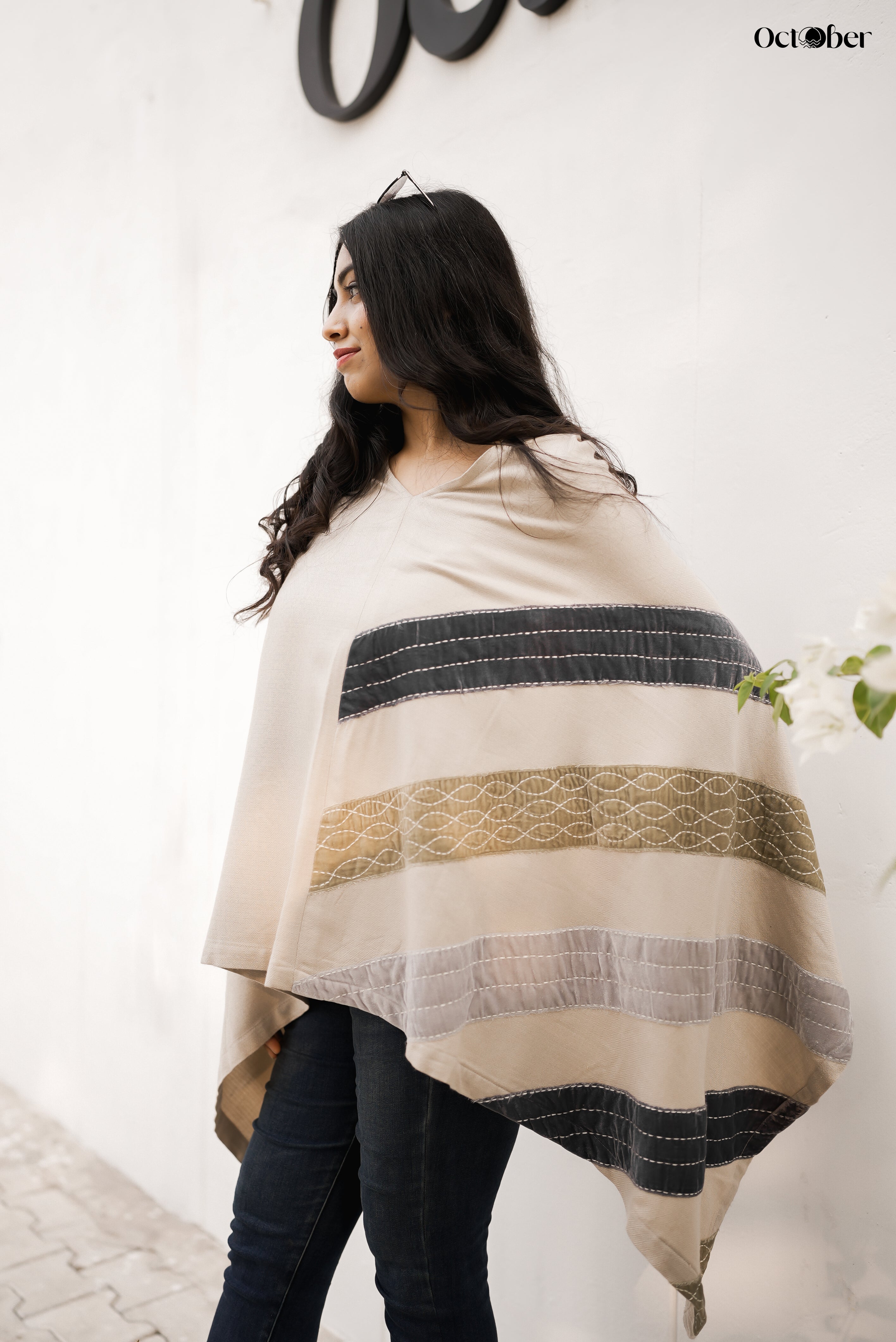 Beige Fine Wool Embroidered and Patched Cape - Velvet Patti (Around the world)