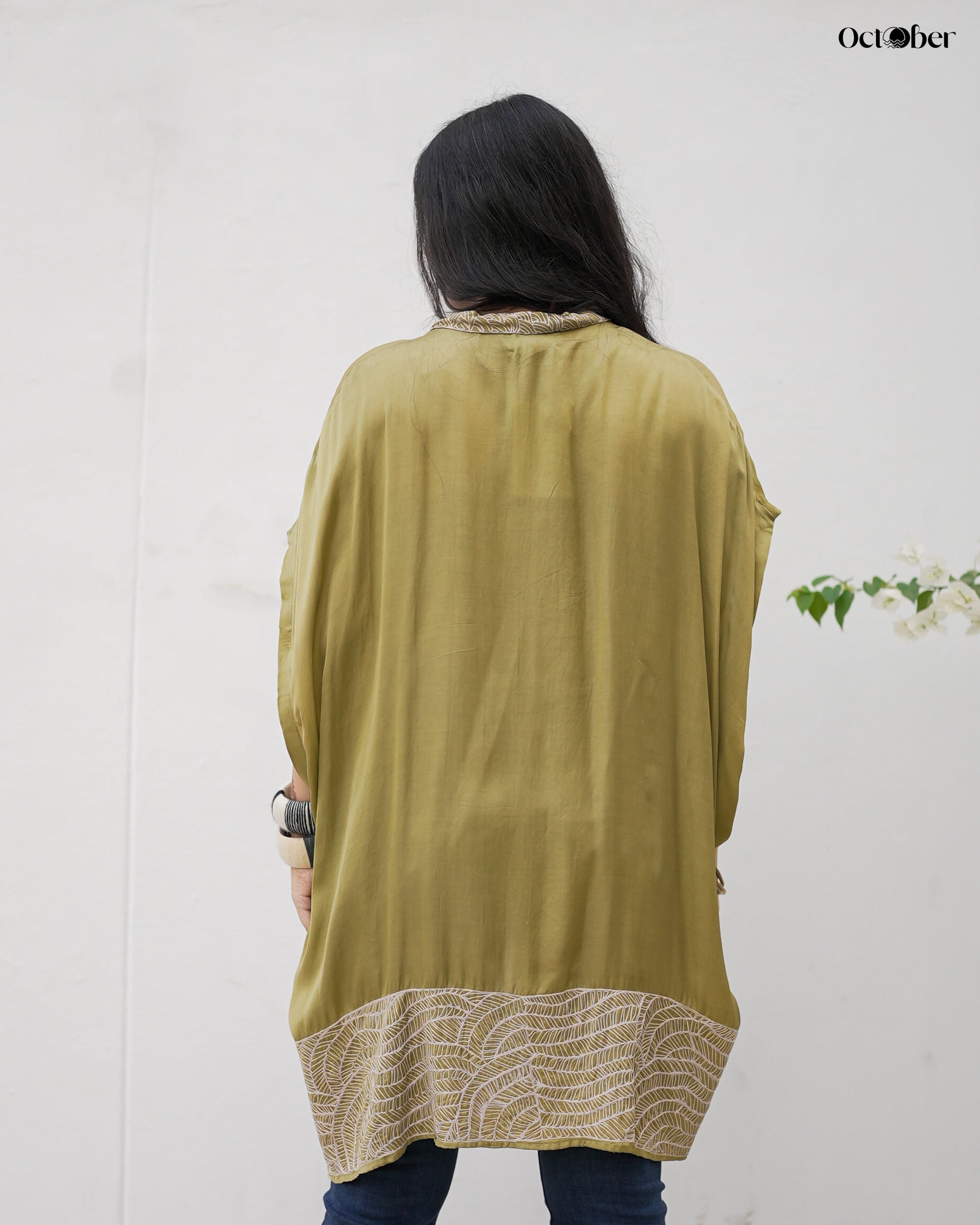Olive Satin Embroidered Cape (Around the World)