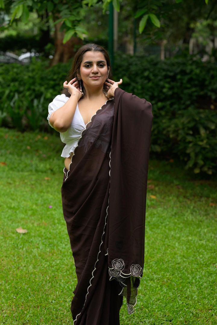 Brown Georgette Thread Embroidered Saree - Rose Garden (Mapping Stars)