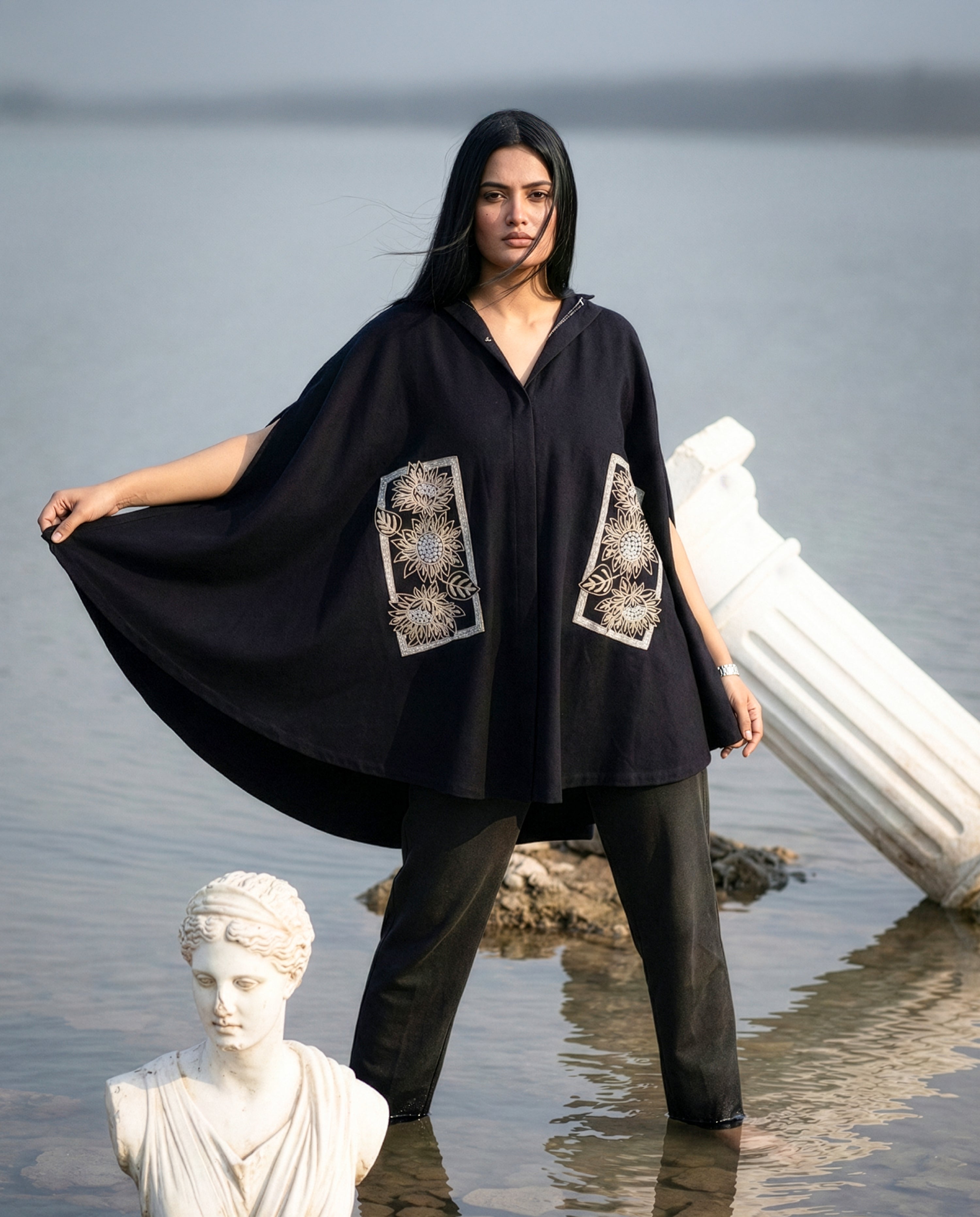 Midnight Harvest Sunflower Embroidered Cape