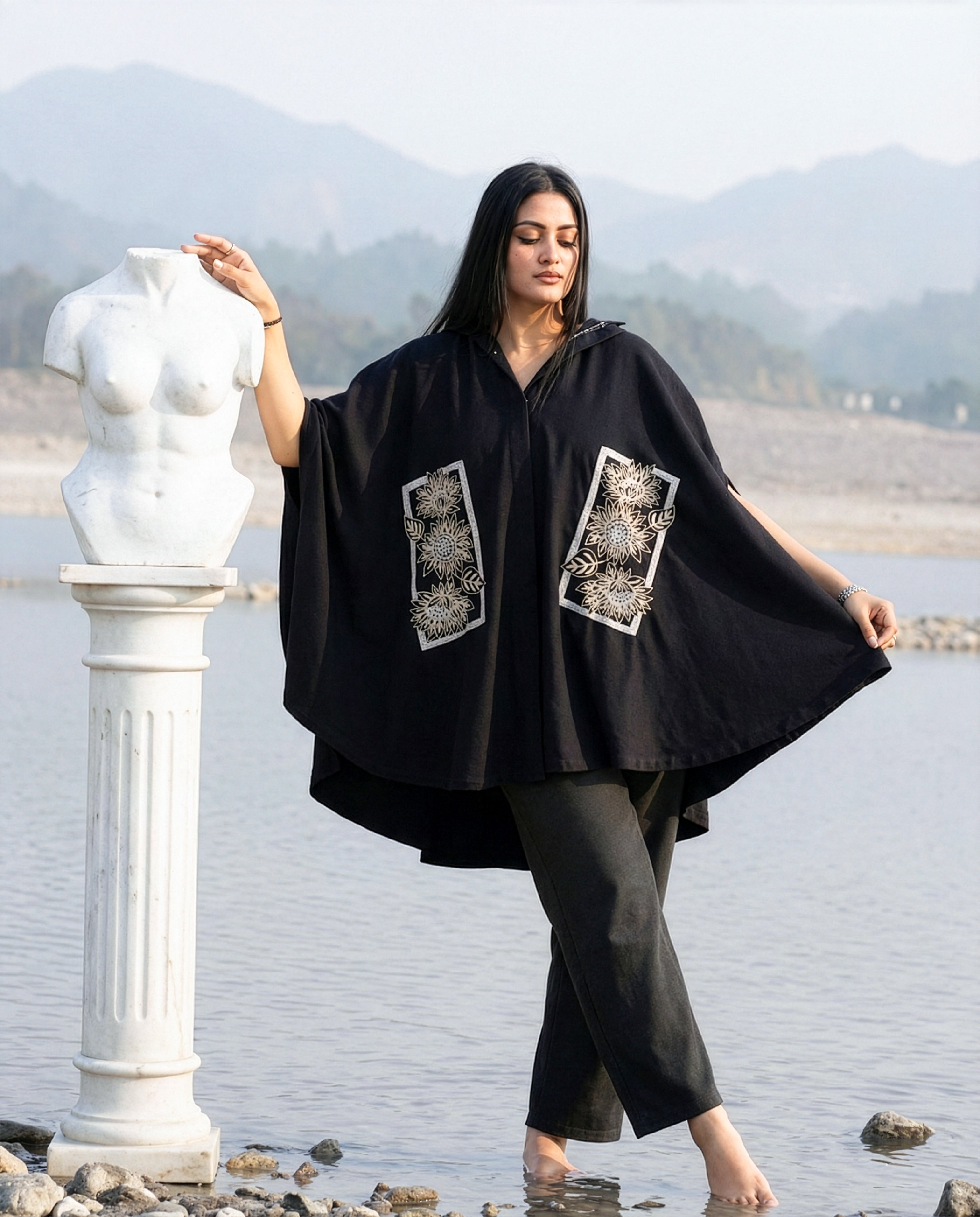 Midnight Harvest Sunflower Embroidered Cape