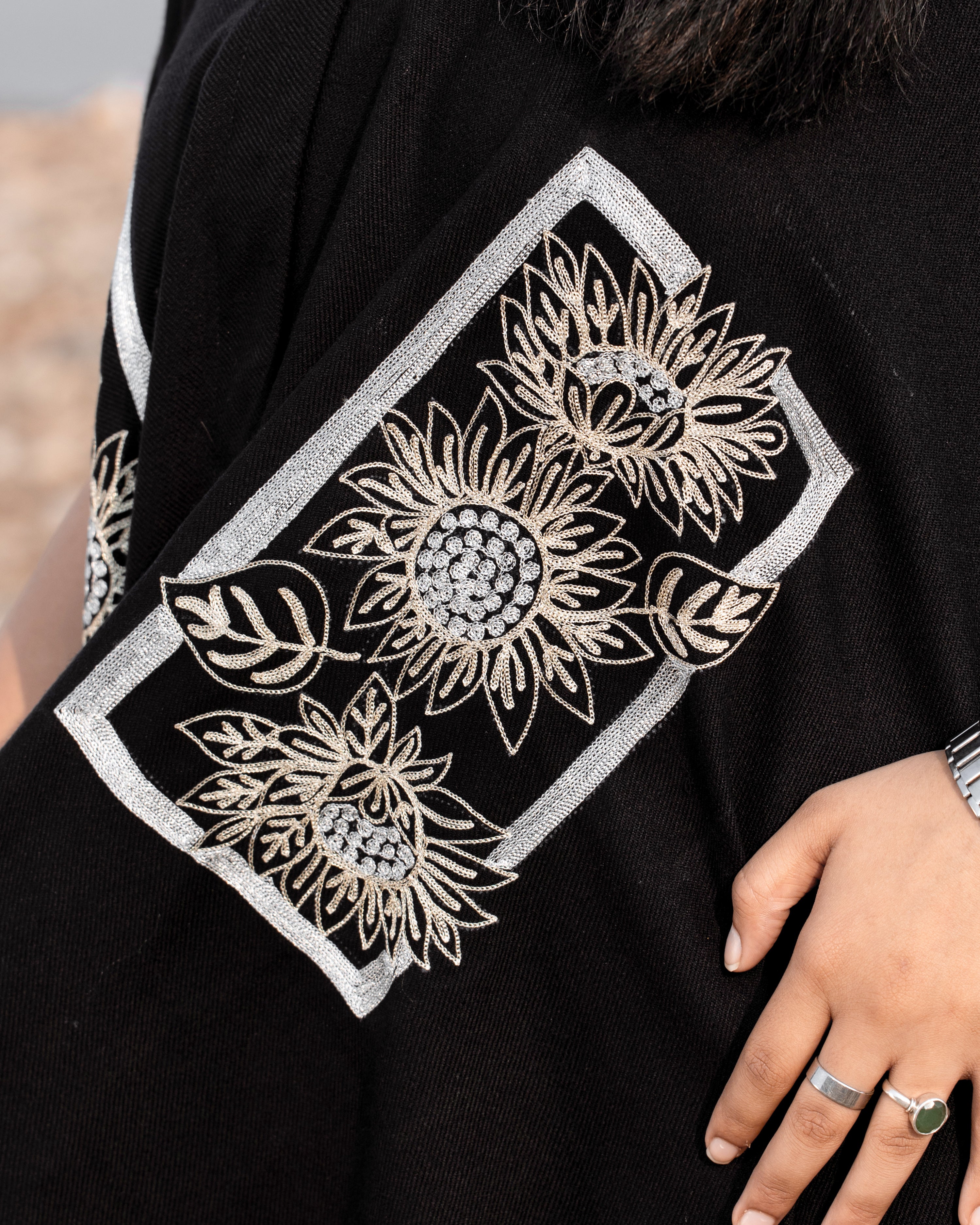 Midnight Harvest Sunflower Embroidered Cape