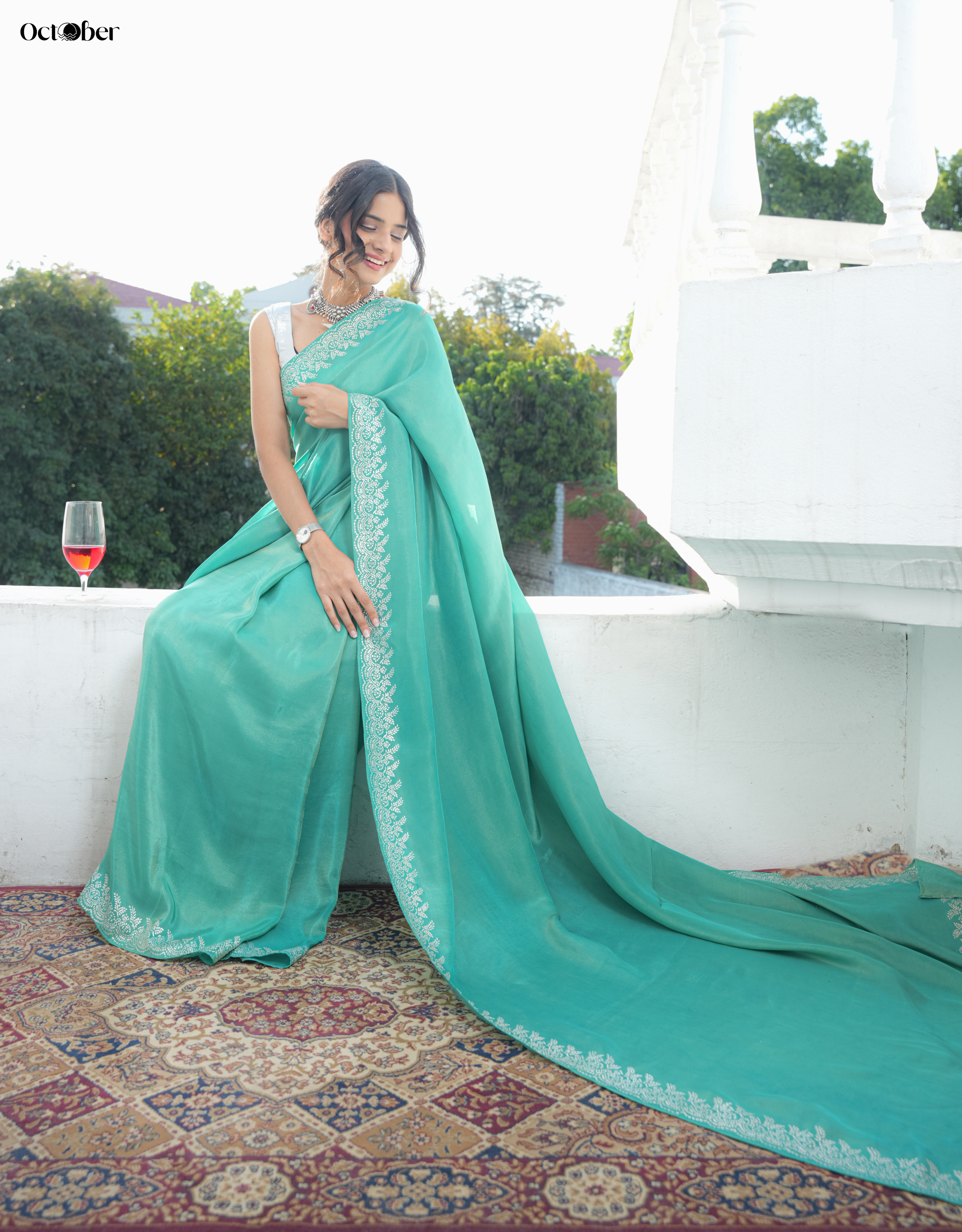 Chandi Ki Saree - Turquoise Blue Silver Border Silk Saree (Silver Saree)