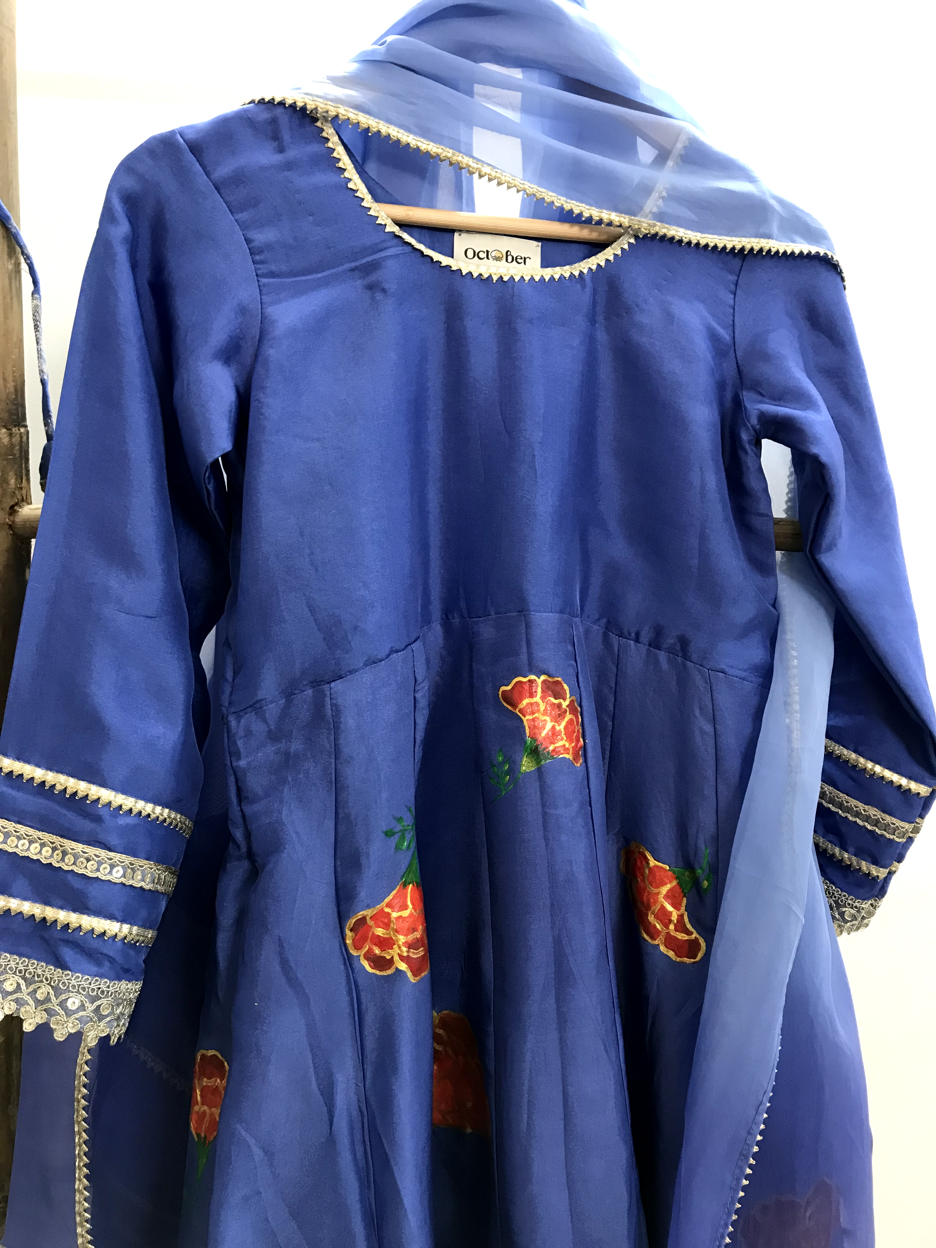 Blue Handpainted Silk Anarkali Suit (Kids Wear)