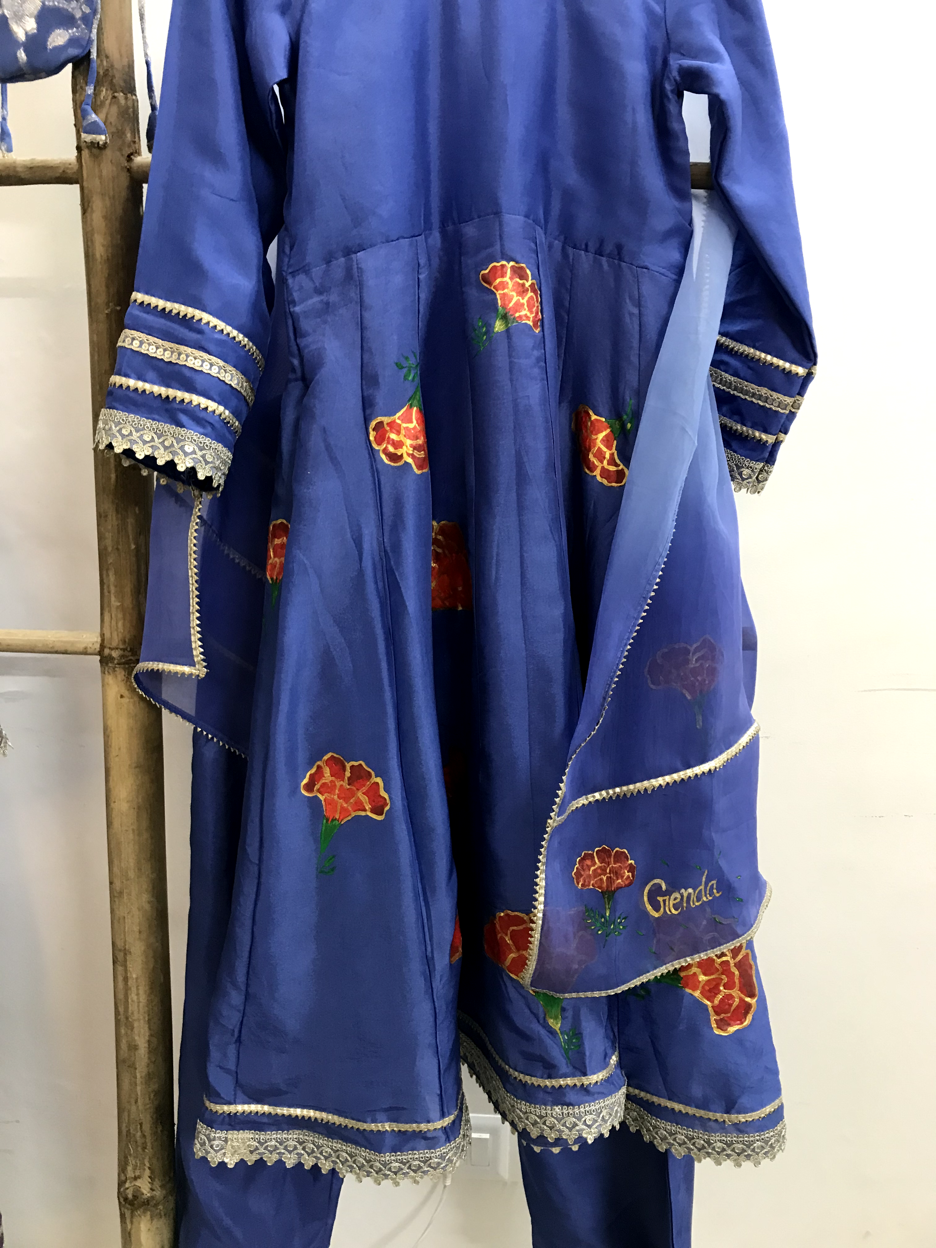 Blue Handpainted Silk Anarkali Suit (Kids Wear)
