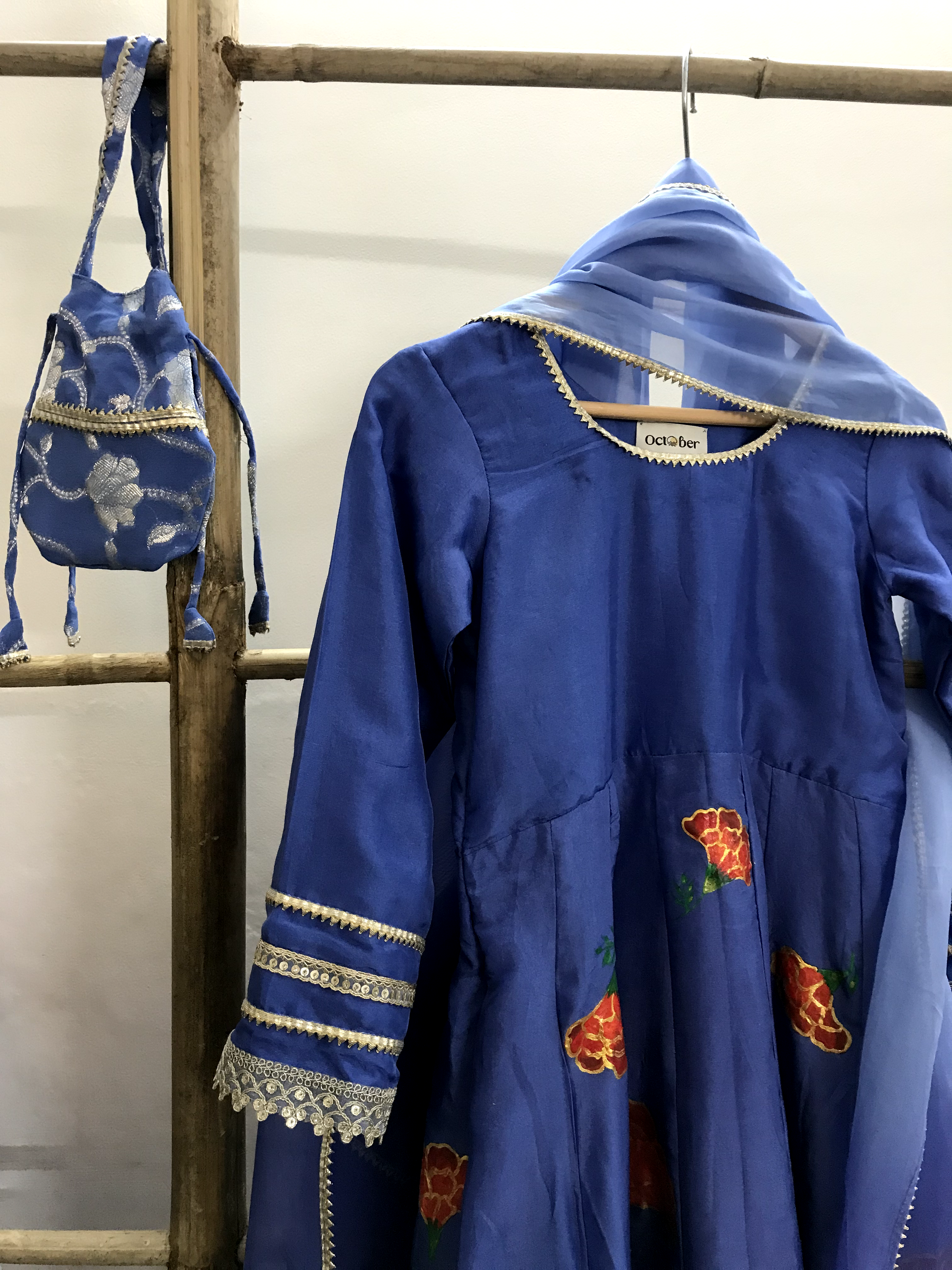 Blue Handpainted Silk Anarkali Suit (Kids Wear)