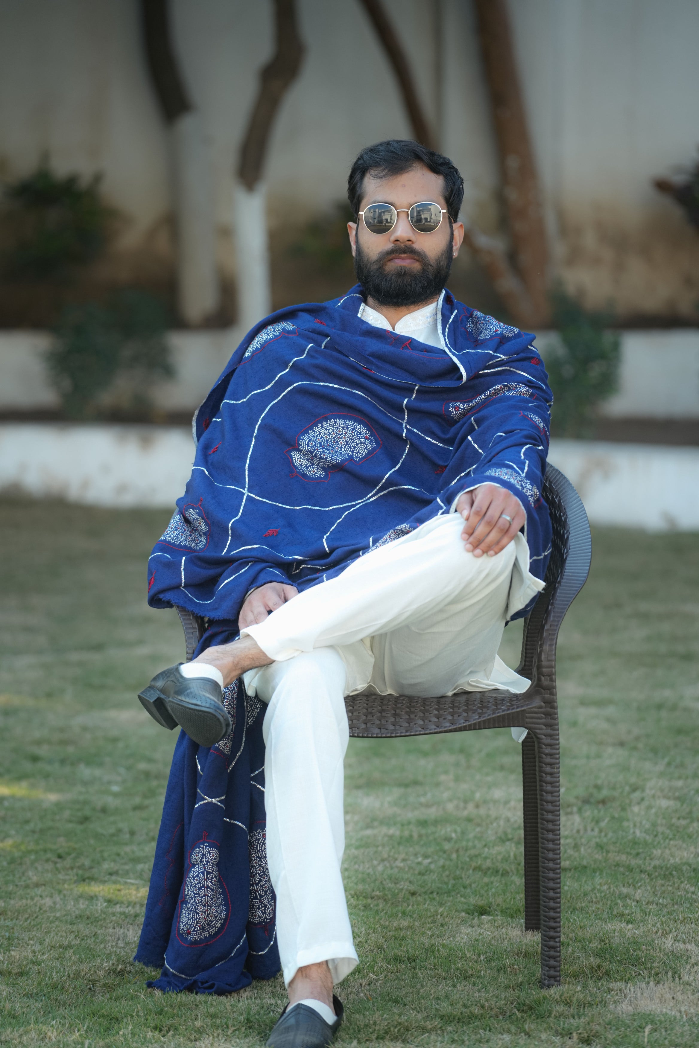 Blue Pashmina Chandi Handwork(Pitta & Thread Embroidery) Men's Shawl (October Wedding)