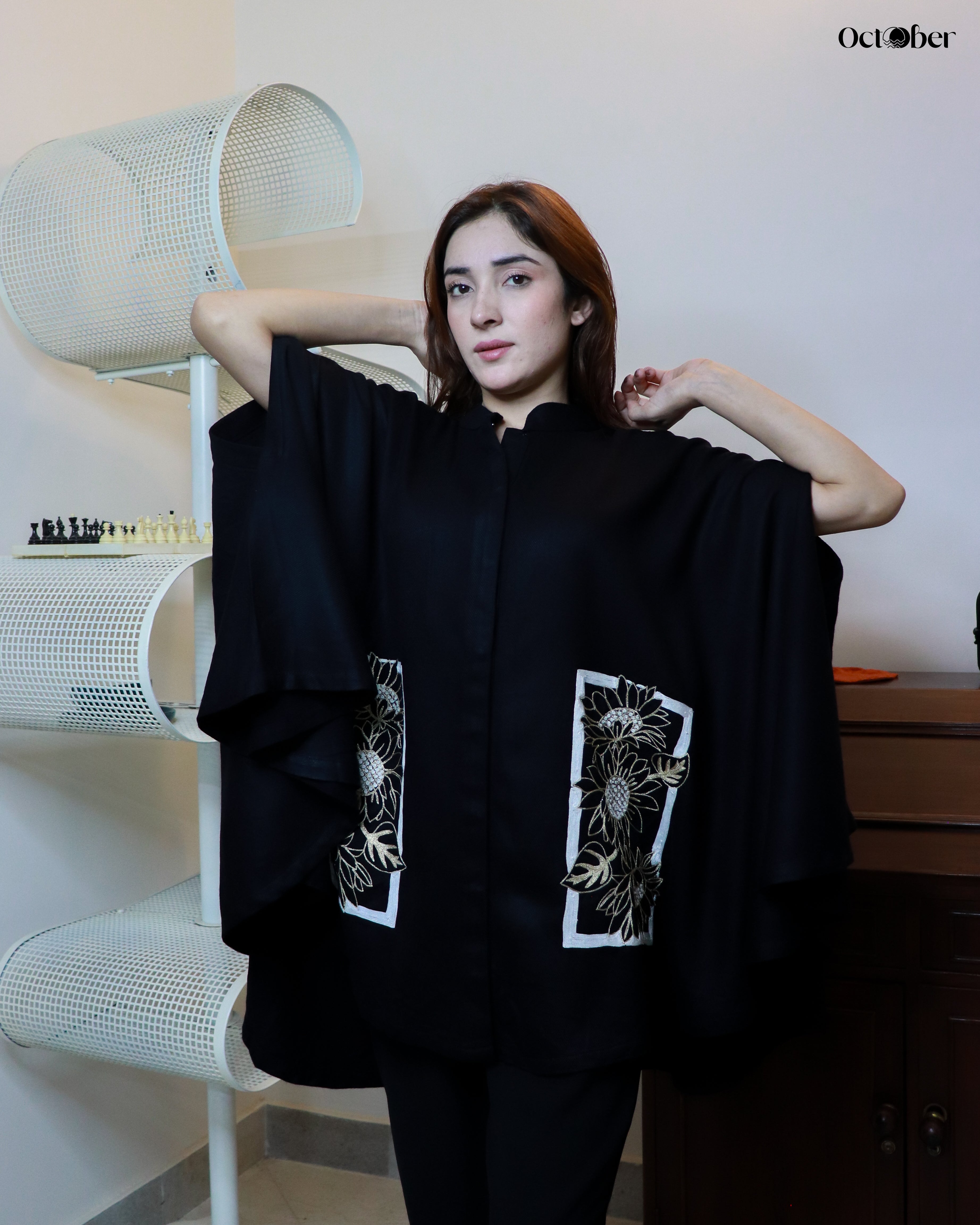 Black Fine Wool Embroidered Cape - Sunflowers (Around The World)