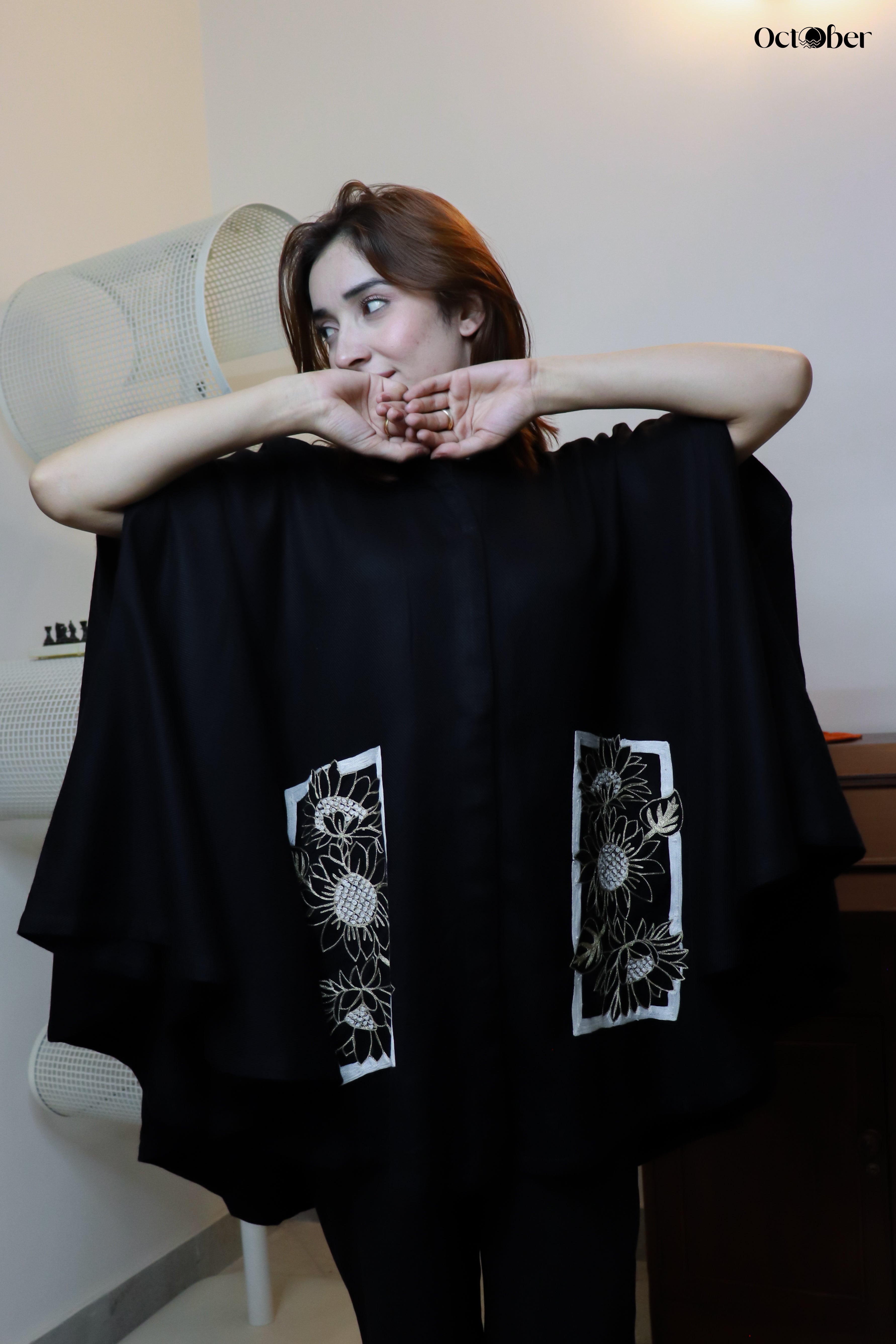 Black Fine Wool Embroidered Cape - Sunflowers (Around The World)