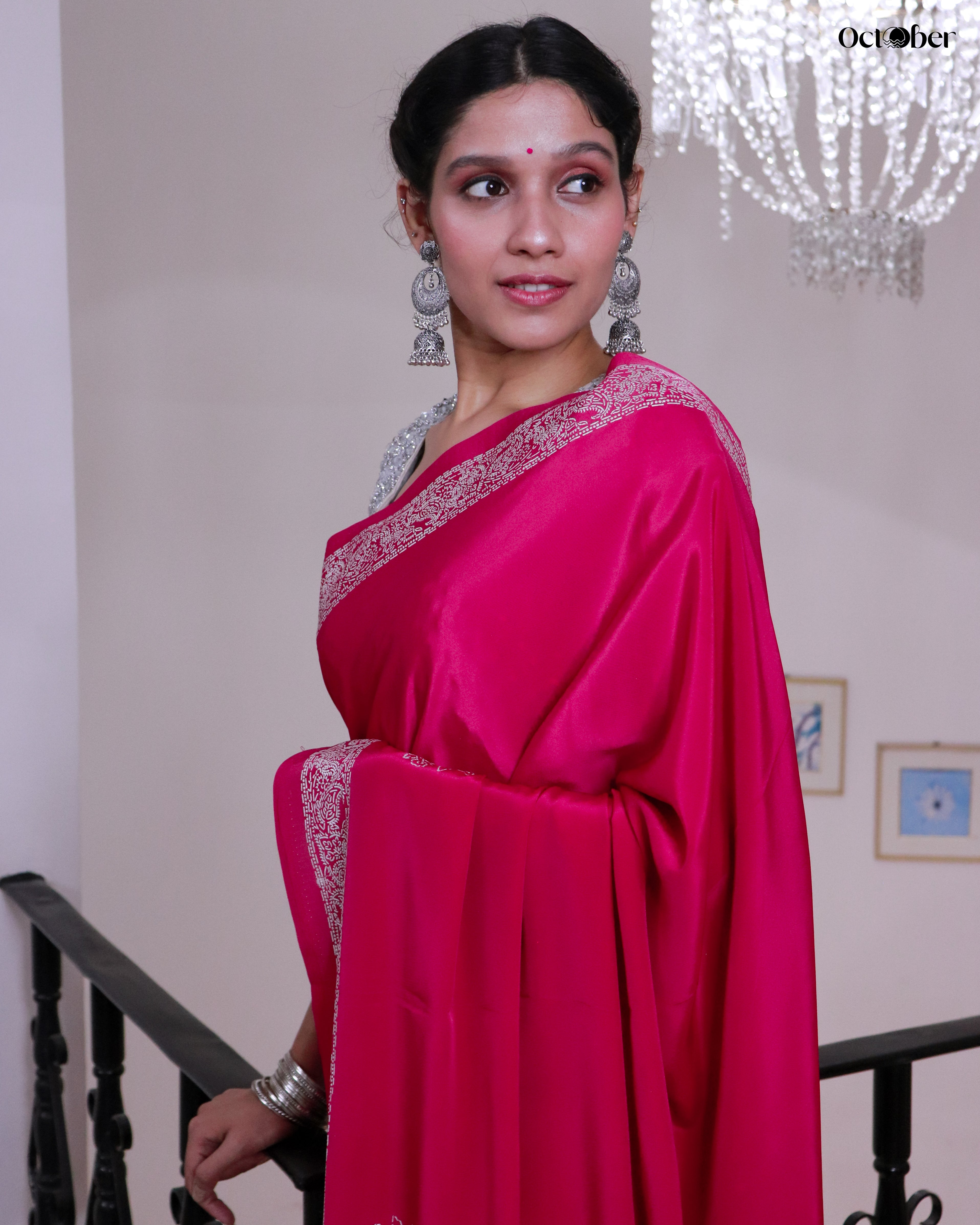 Chandi Ki Saree - Pink Silver Border Crepe Saree (Pure Silver Saree)