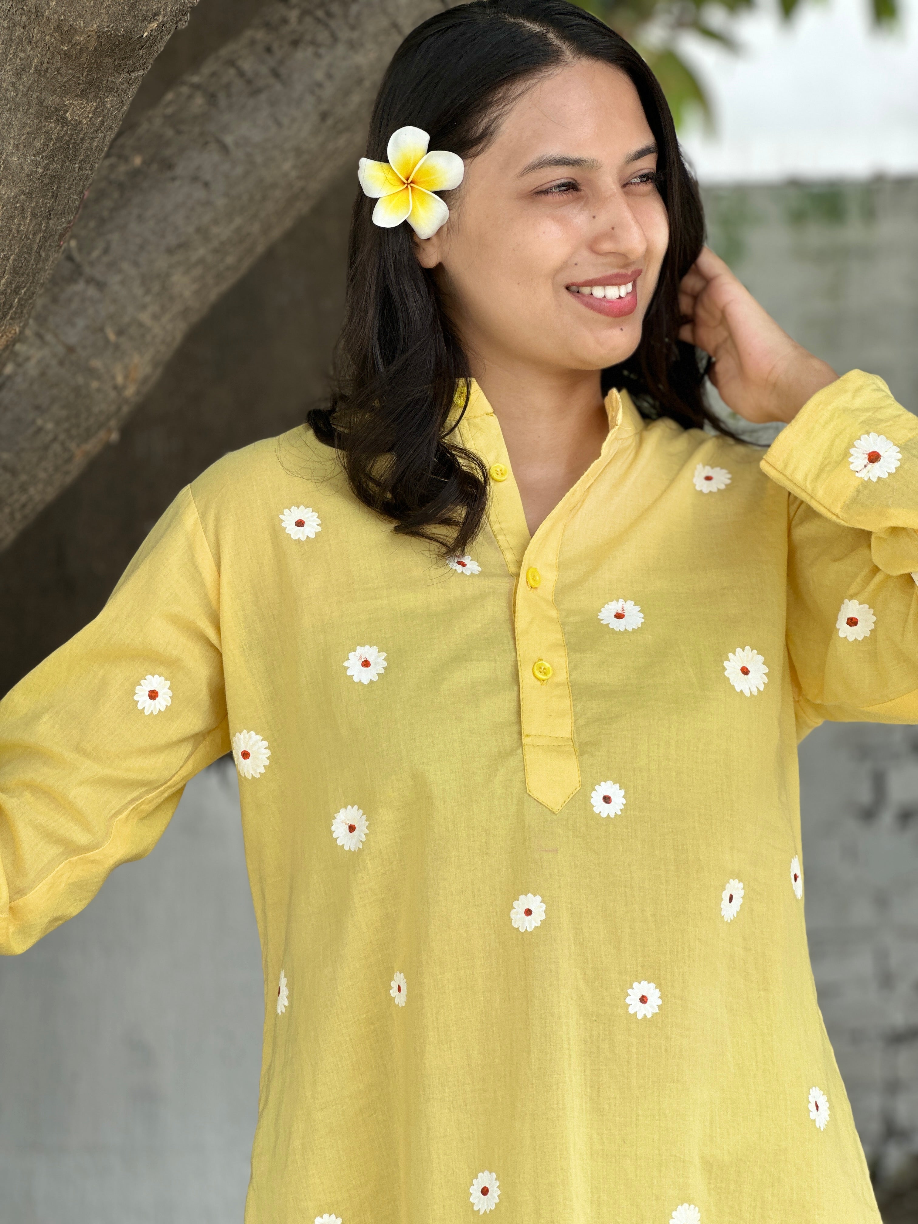 Yellow Pure Cotton Hand-Painted Shirt - White Blossom (Flowers, Fragrances and More)