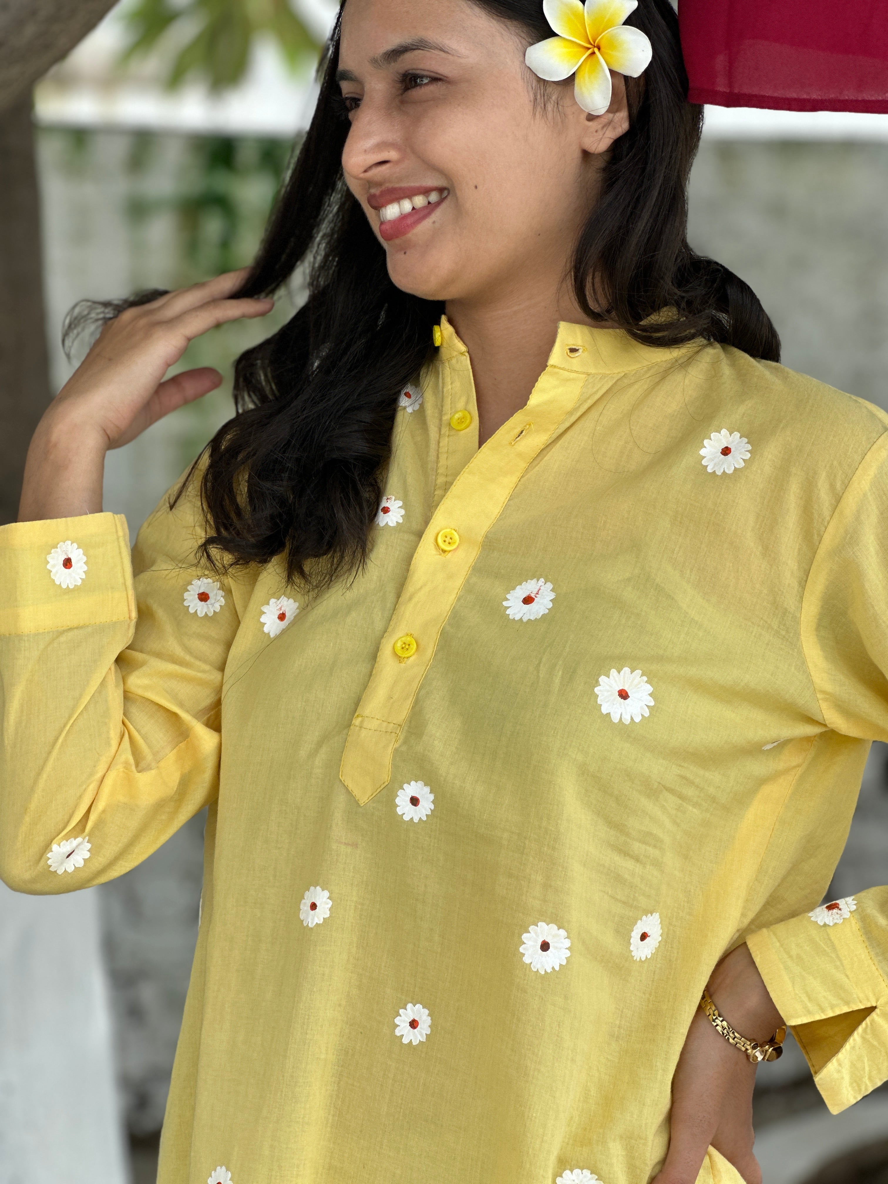 Yellow Pure Cotton Hand-Painted Shirt - White Blossom (Flowers, Fragrances and More)