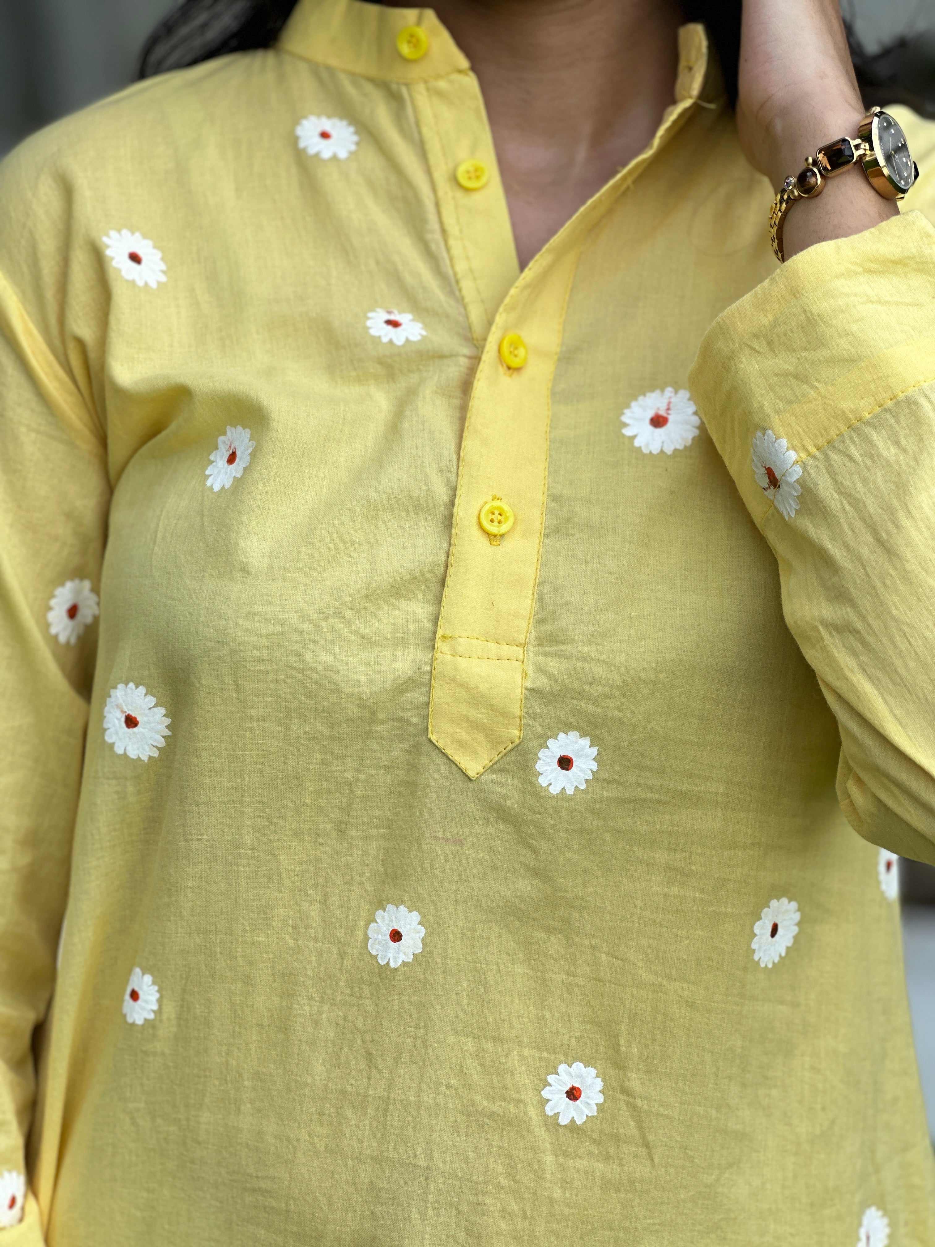Yellow Pure Cotton Hand-Painted Shirt - White Blossom (Flowers, Fragrances and More)